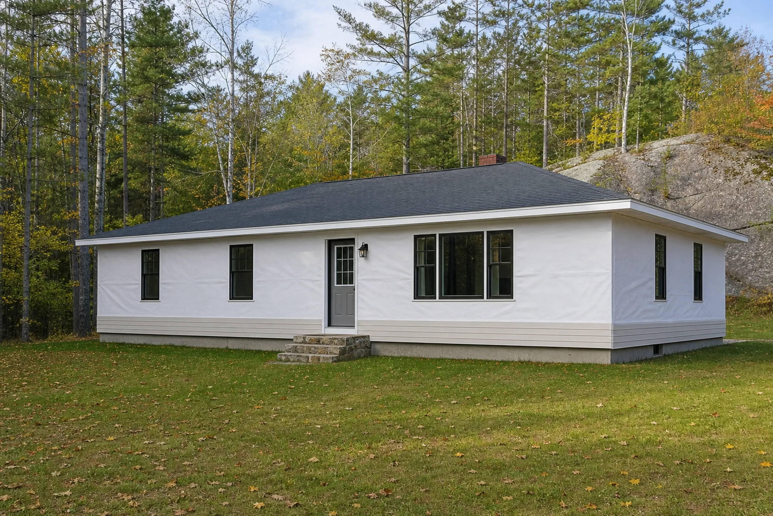 Standish first courses of lap siding stage on a ranch: the front wall of a one-story Standish ranch at the first courses of lap siding stage, in-progress, with a few starter rows of vinyl lap siding along the bottom and plain white housewrap above them, a fieldstone step and wooded lot behind, crisp early-autumn light.