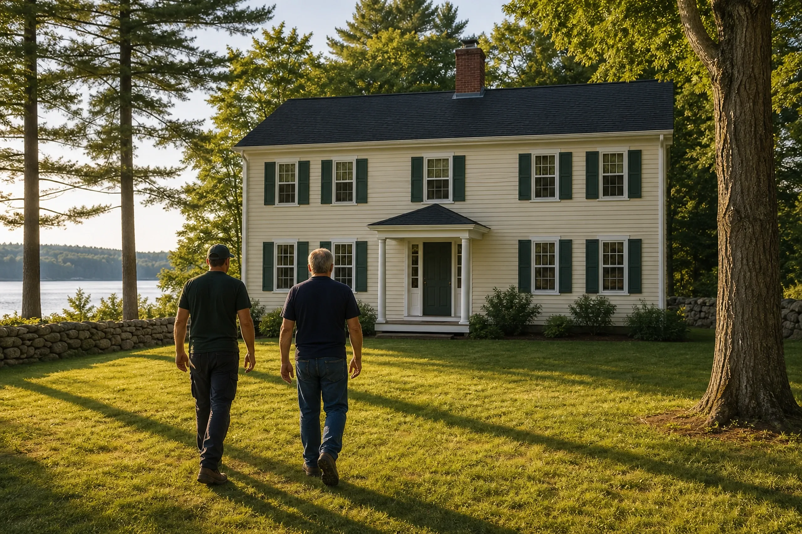 Standish final walkaround at the re-sided colonial: two people, a siding installer and a homeowner, seen from behind, walk across the lawn to the re-sided farmhouse-style colonial, new soft cream vinyl lap siding with white corner boards and trim and green shutters, warm late-afternoon summer light.
