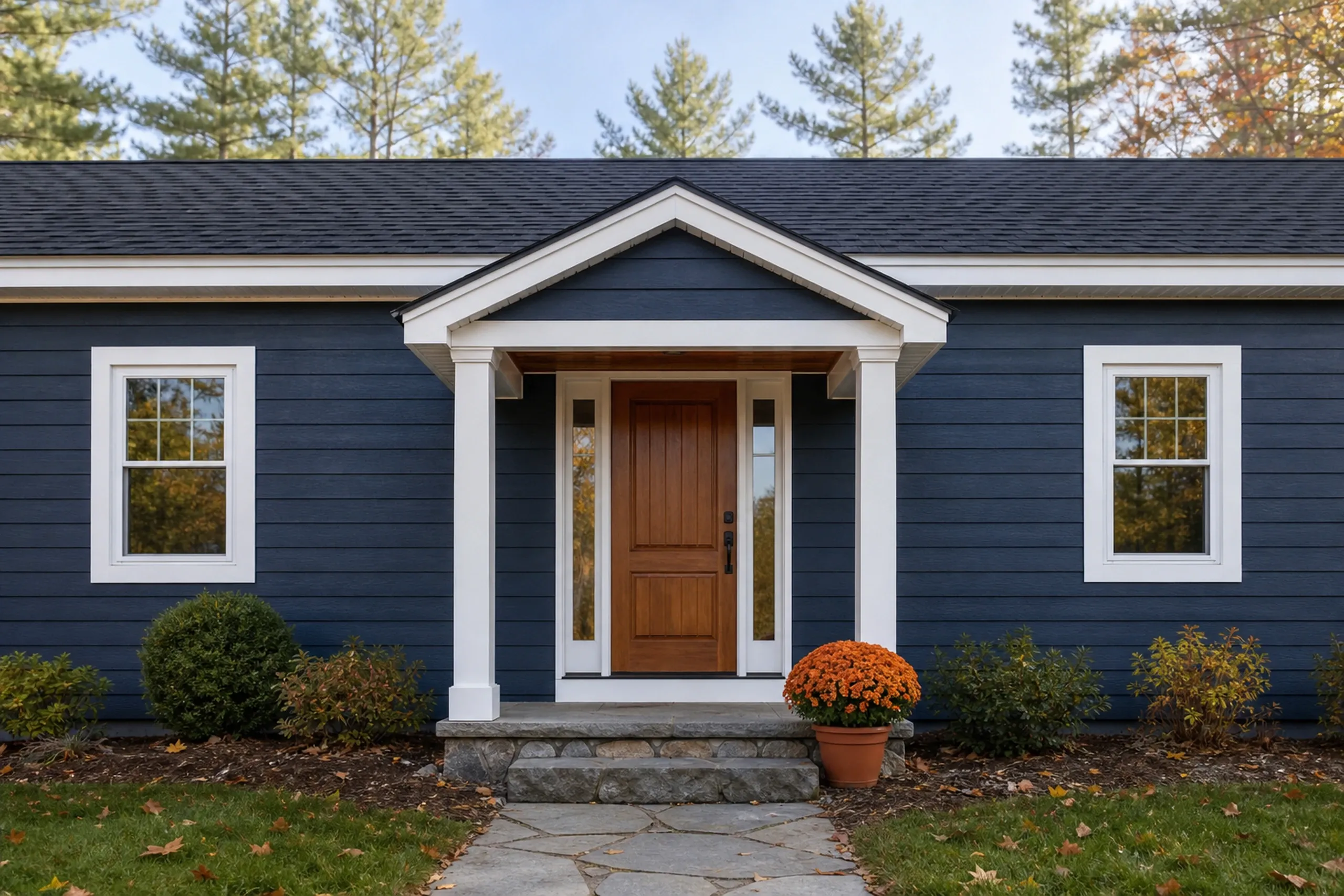 Standish front entry on a re-sided ranch: vertical front-entry view of a re-sided Standish ranch in dark slate-blue LP lap siding, white trim around a warm wood front door with sidelights, a fieldstone step and a clump of orange mums, cool clear October morning light.
