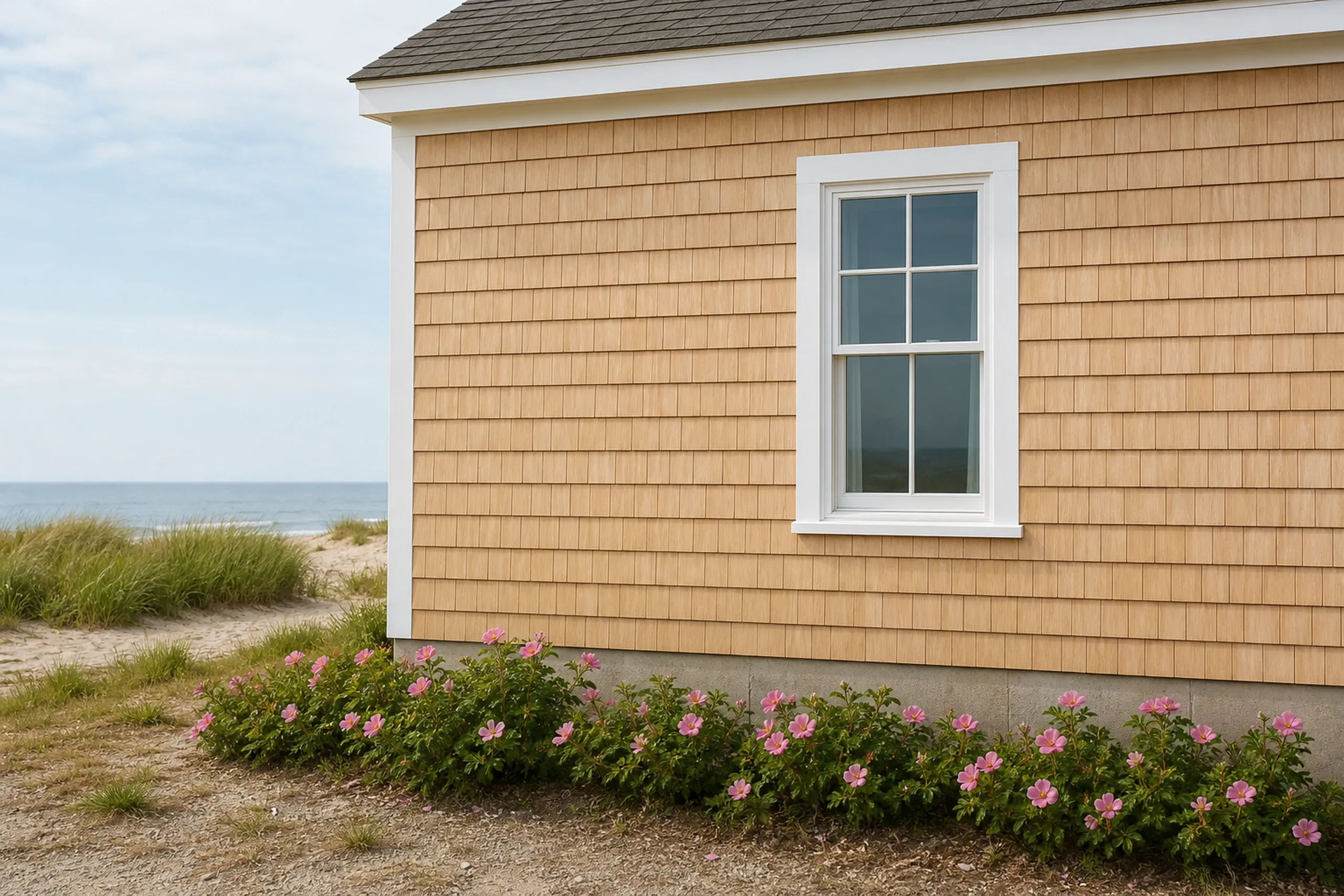 Wells Beach cottage in new cedar shingles: fresh pale cedar shingle courses running in straight rows to a white-trimmed window, beach roses along the foundation, midsummer.