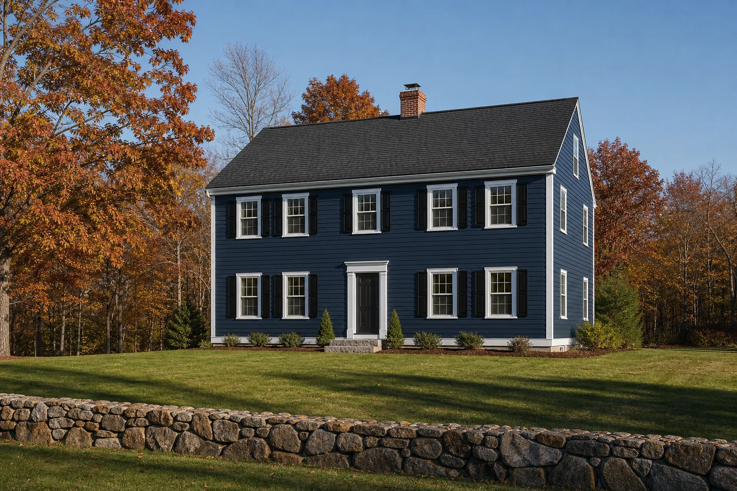 Wells year-round colonial after re-siding: A re-sided year-round Wells colonial in deep marine-blue LP lap siding with white corner boards, white casings and black shutters, a mown lawn edged by a low stone wall and red oaks turning rust-colored behind it, cool clear October morning light.