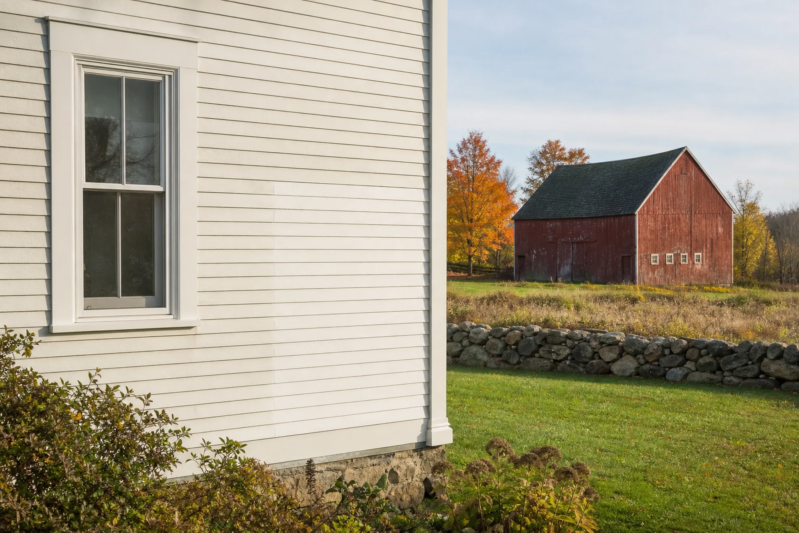 Wells farmhouse siding repair: a short run of new white-painted wood clapboards blended into an older white clapboard farmhouse wall, a weathered red barn in the background, fall.