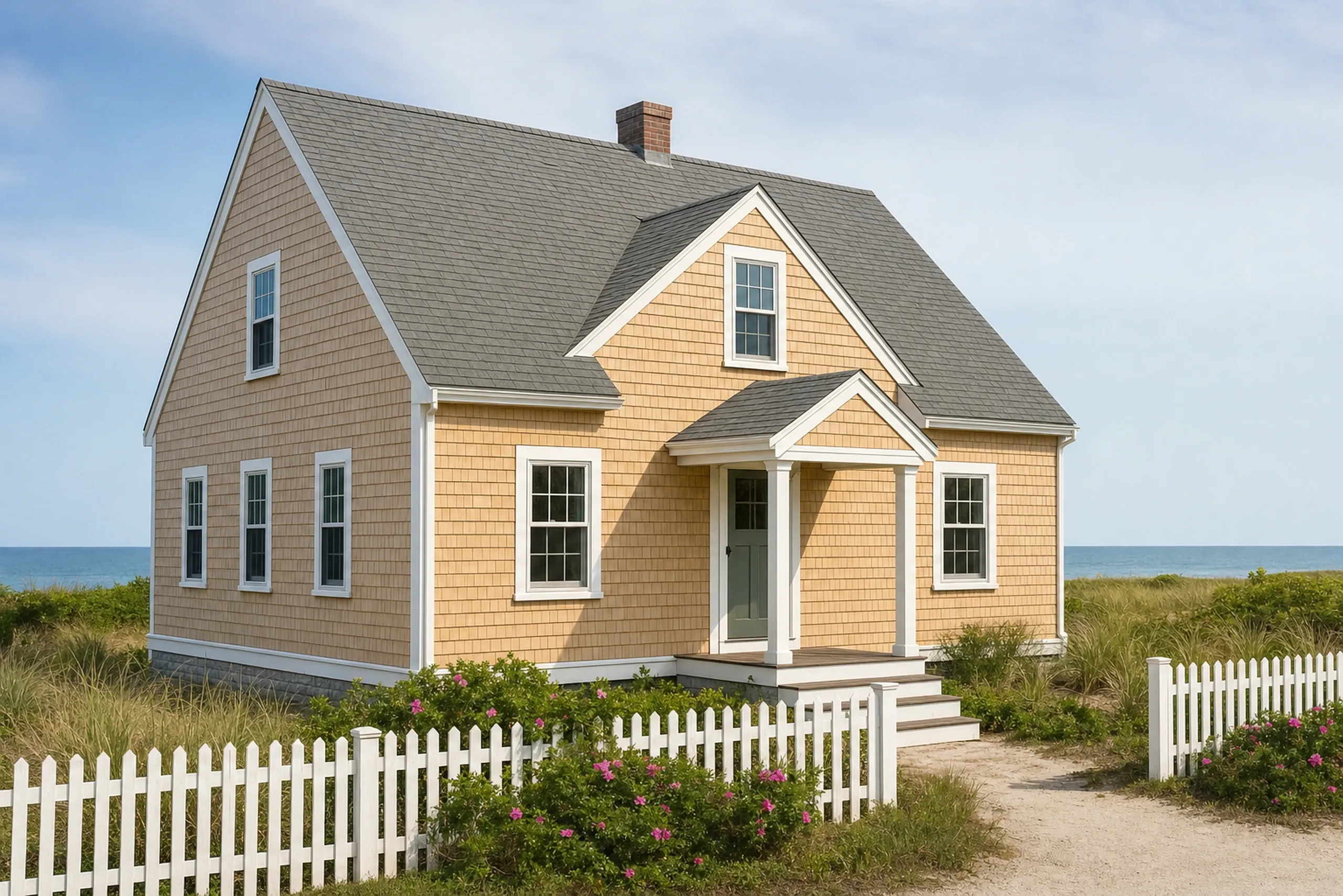 Siding installation in Wells, ME: one-and-a-half-story beach cottage with new natural cedar shingle siding, white window trim and a small front porch on a narrow lot, beach grass and a low picket fence, late spring.