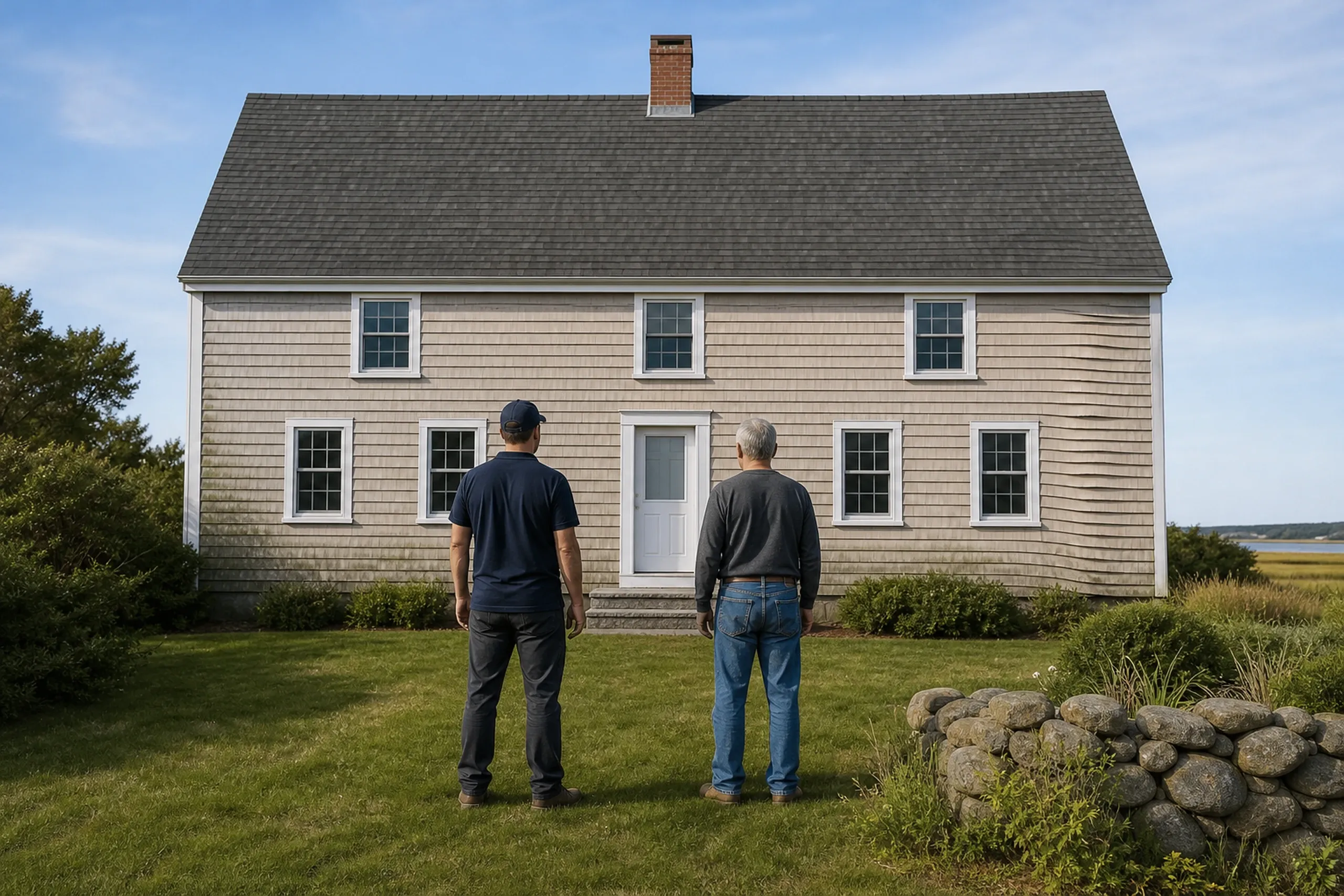 Wells year-round cape first visit, faded vinyl: At a year-round cape in Wells, two people, a siding installer and a homeowner, seen from behind, stand with hands at their sides before a wall of sun-bleached vinyl lap siding, streaked green near the base and buckled at one corner, clear late-spring morning light.