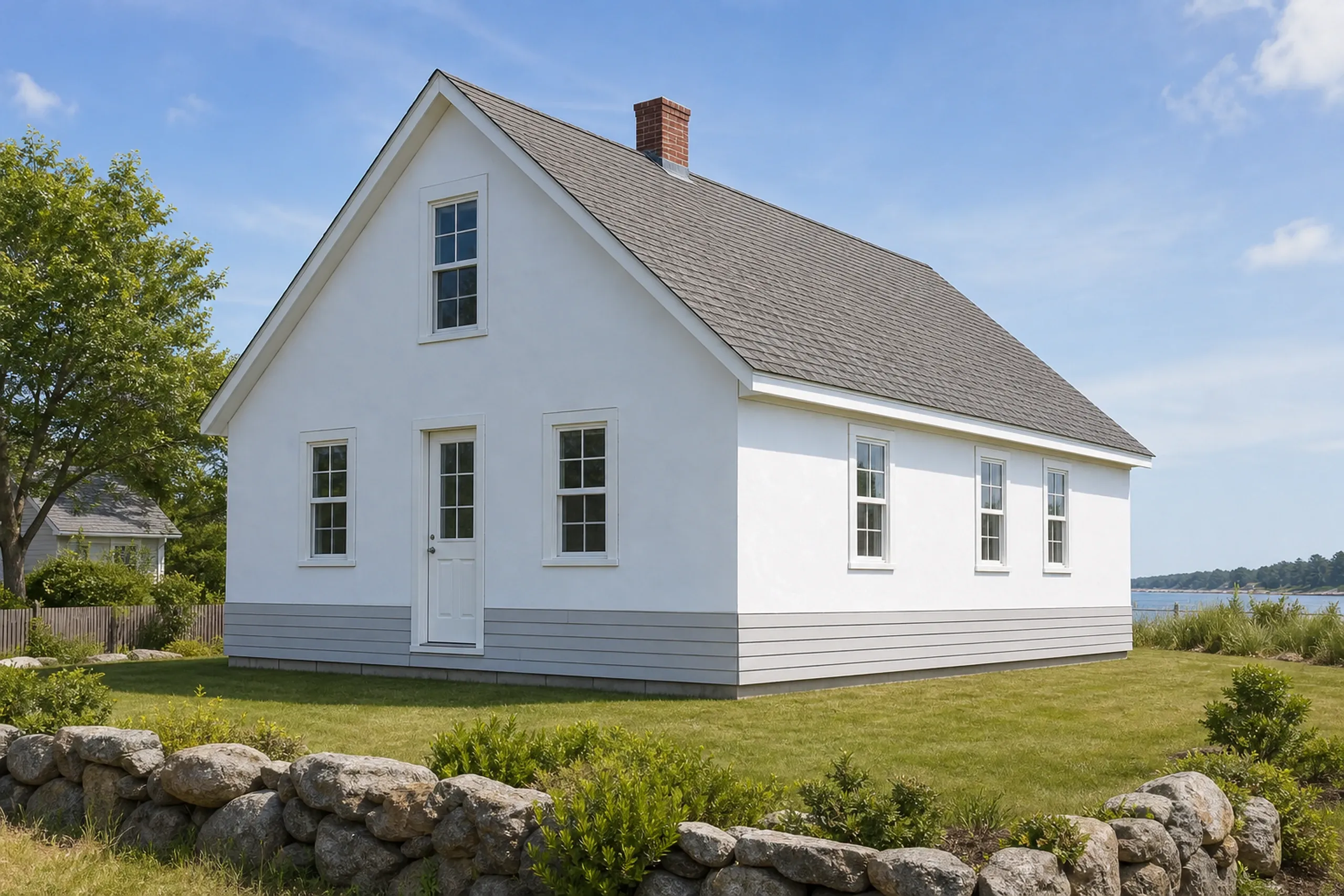 Wells cape first courses of lap siding stage: On a Wells year-round cape, an in-progress first courses of lap siding stage shows plain white housewrap across the wall with just the first three courses of pale gray lap boards fastened along the bottom, held off the ground, bright early-summer afternoon light.