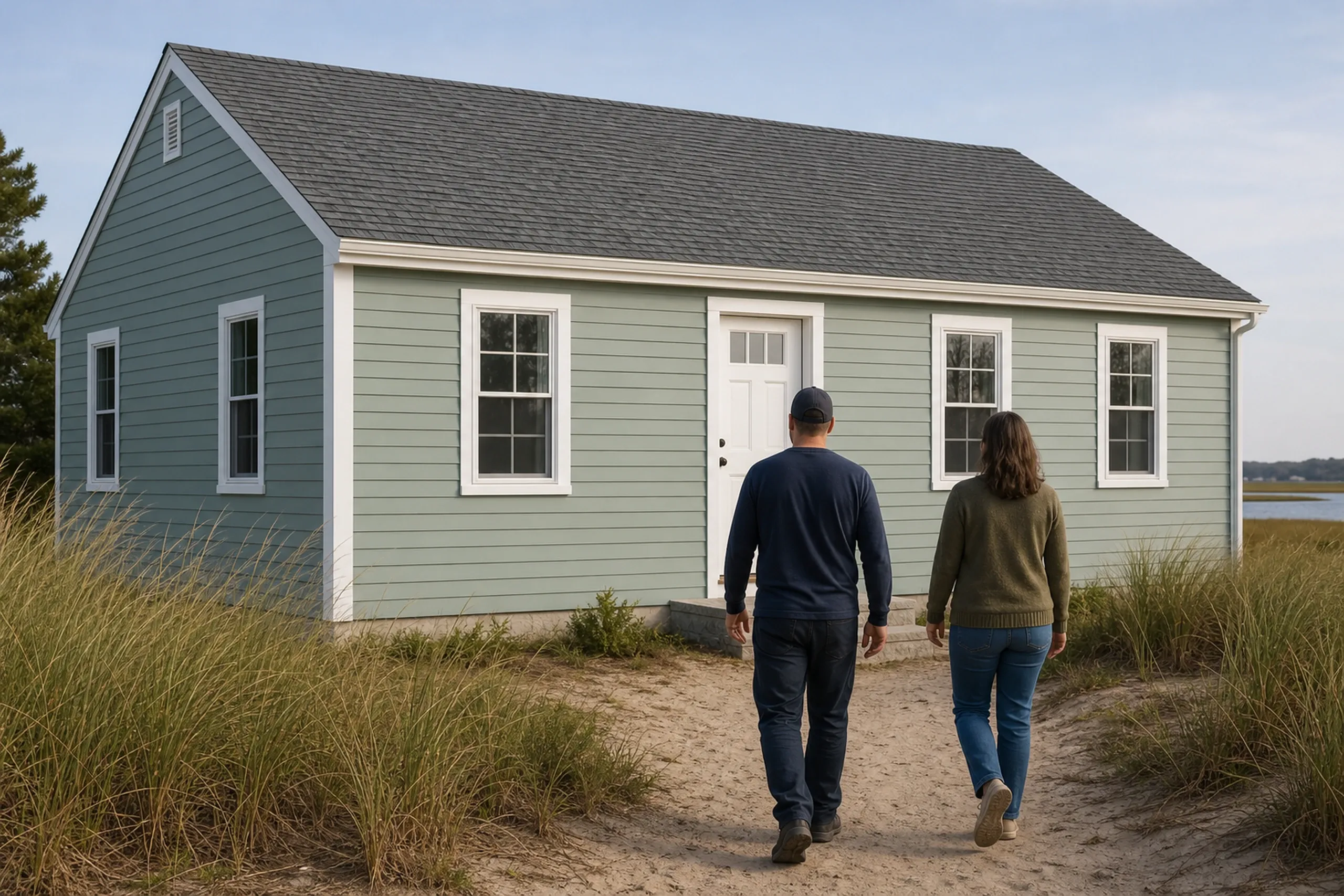 Wells Drakes Island cottage final walkaround, fiber cement: In crisp early-autumn light, two people, a siding installer and a homeowner, seen from behind, walk past a re-sided Drakes Island cottage in Wells finished in soft sea-glass green fiber cement lap with white corner boards, white window trim and a bright white front door, beach grass along the path.