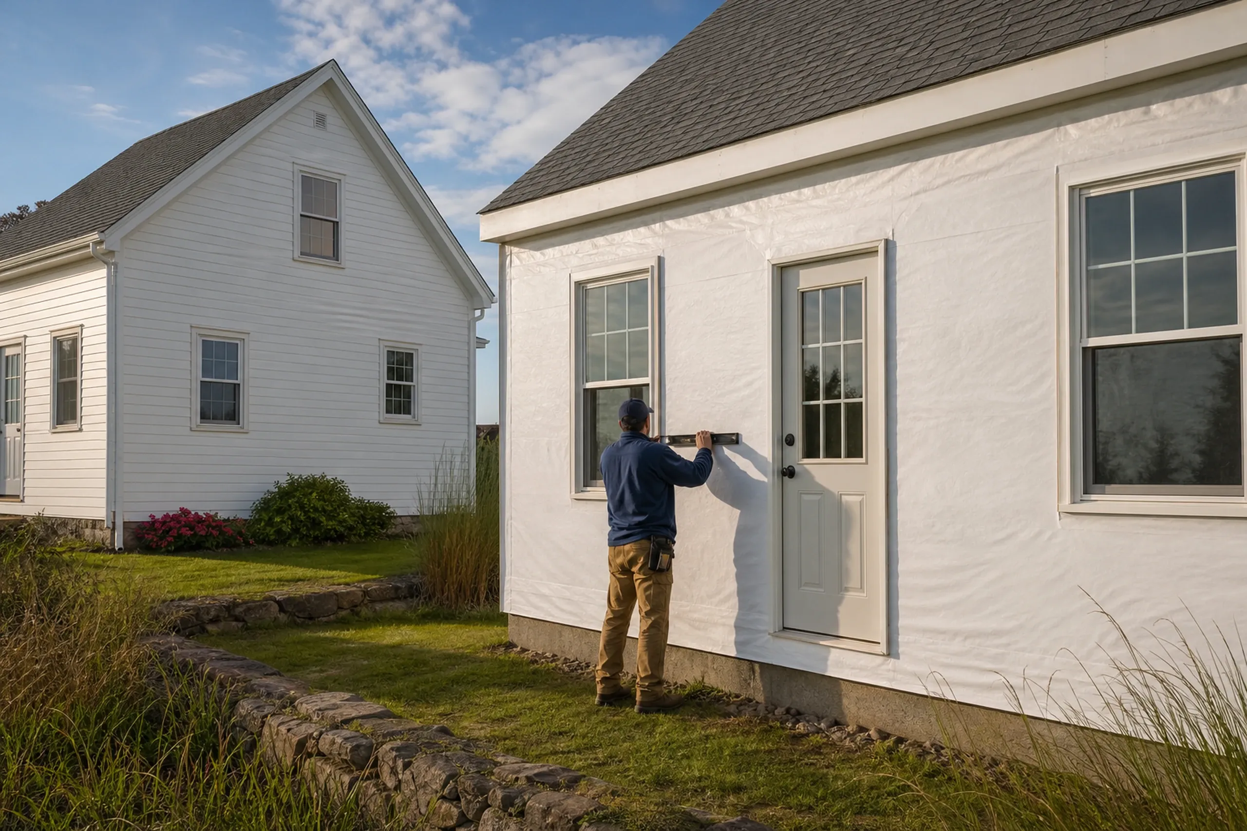 Wells cottage wall down to sheathing: one installer seen from behind stapling plain white housewrap with no printing over the sheathing of a one-story cottage, a neighboring cottage a few feet away, early summer.
