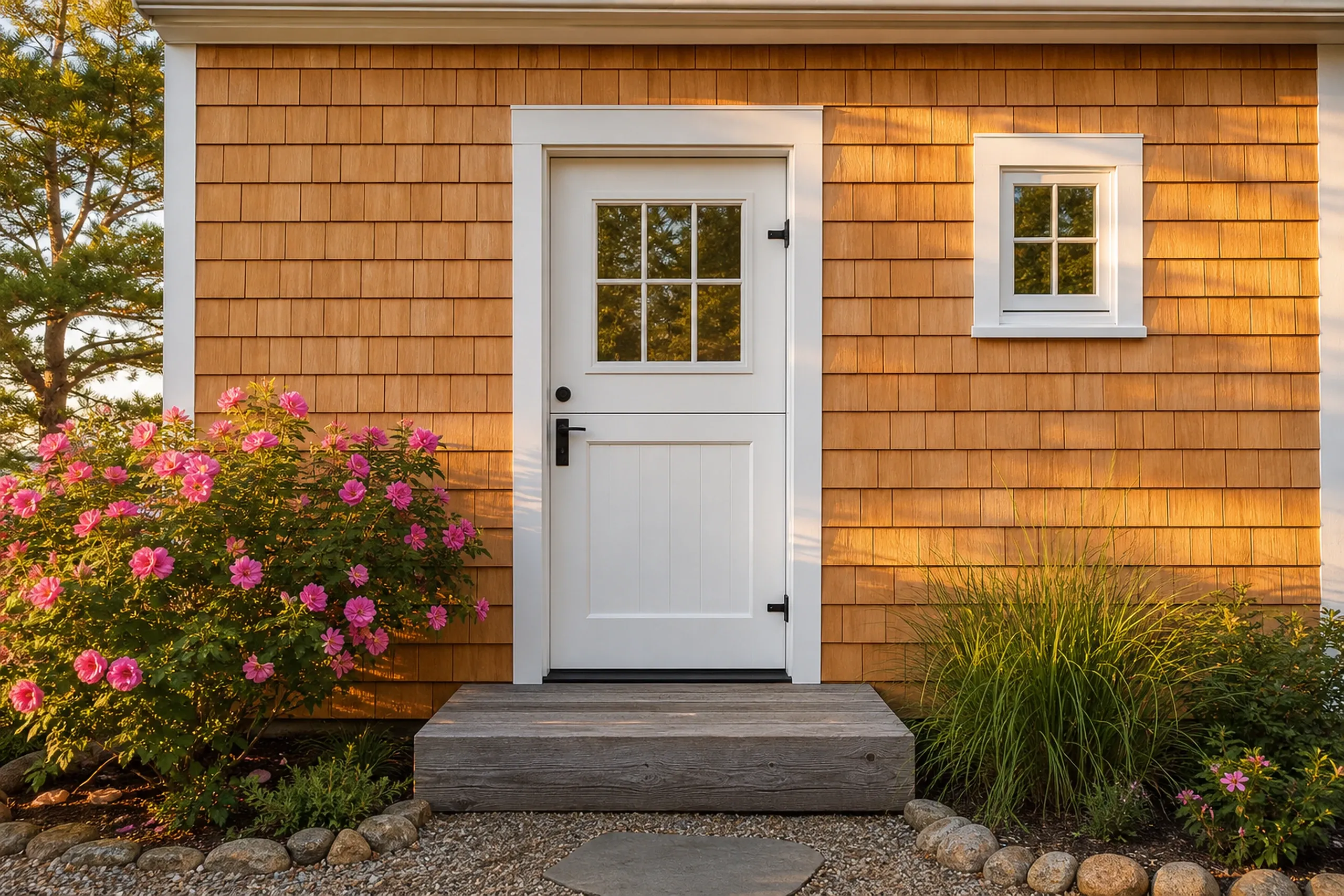 Wells beach cottage front entry, cedar shingles: Tall vertical view of the front entry of a re-sided Wells beach cottage, a white Dutch door with a small window, a weathered plank step, a beach rose in bloom beside it, and the wall around it in fresh honey-toned cedar shingles with white corner boards, warm late-afternoon summer light.
