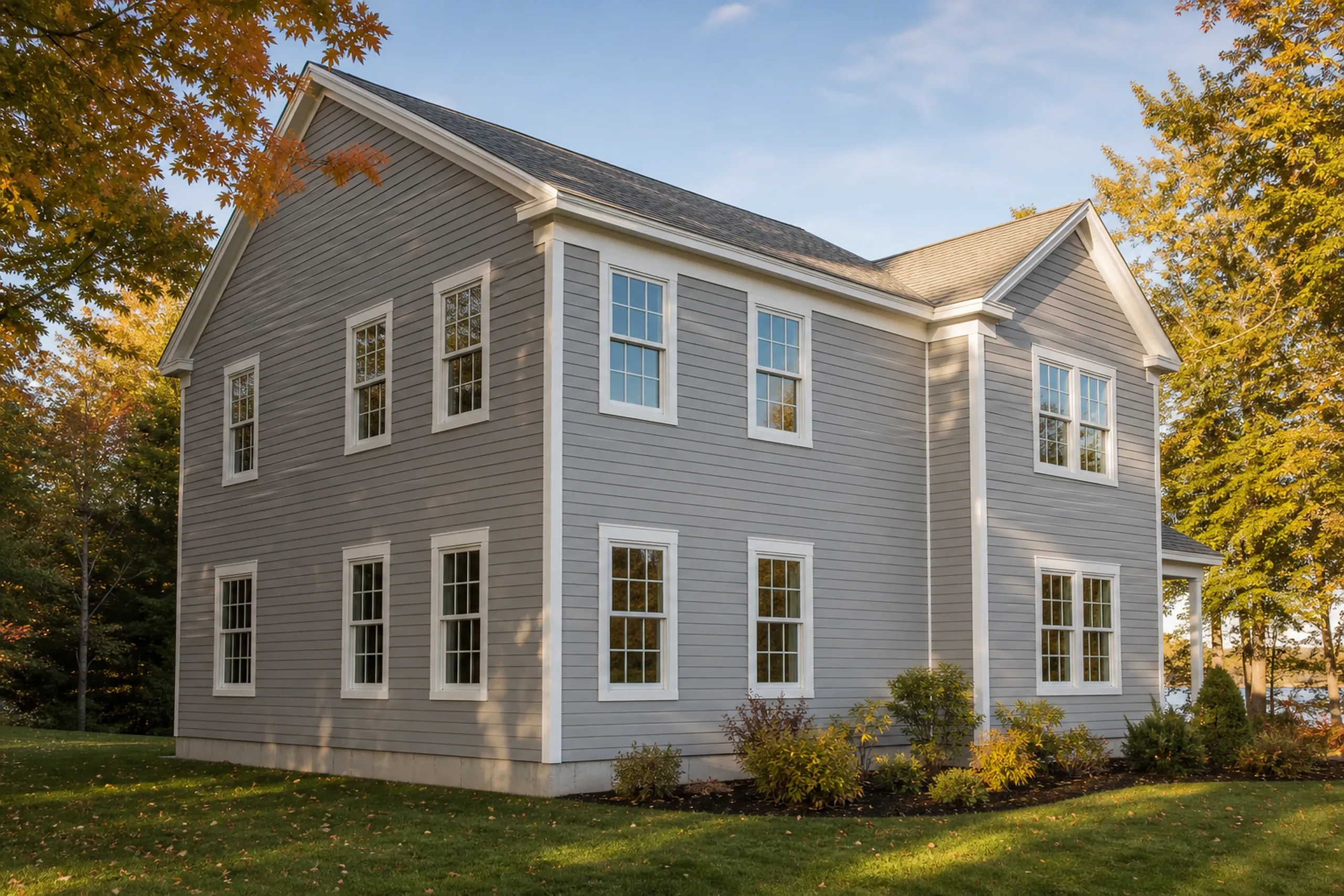Year-round Wells home in fiber cement: two-story house with light gray fiber cement lap siding, crisp white corner boards and window trim, a mown lawn and maple trees, early fall.