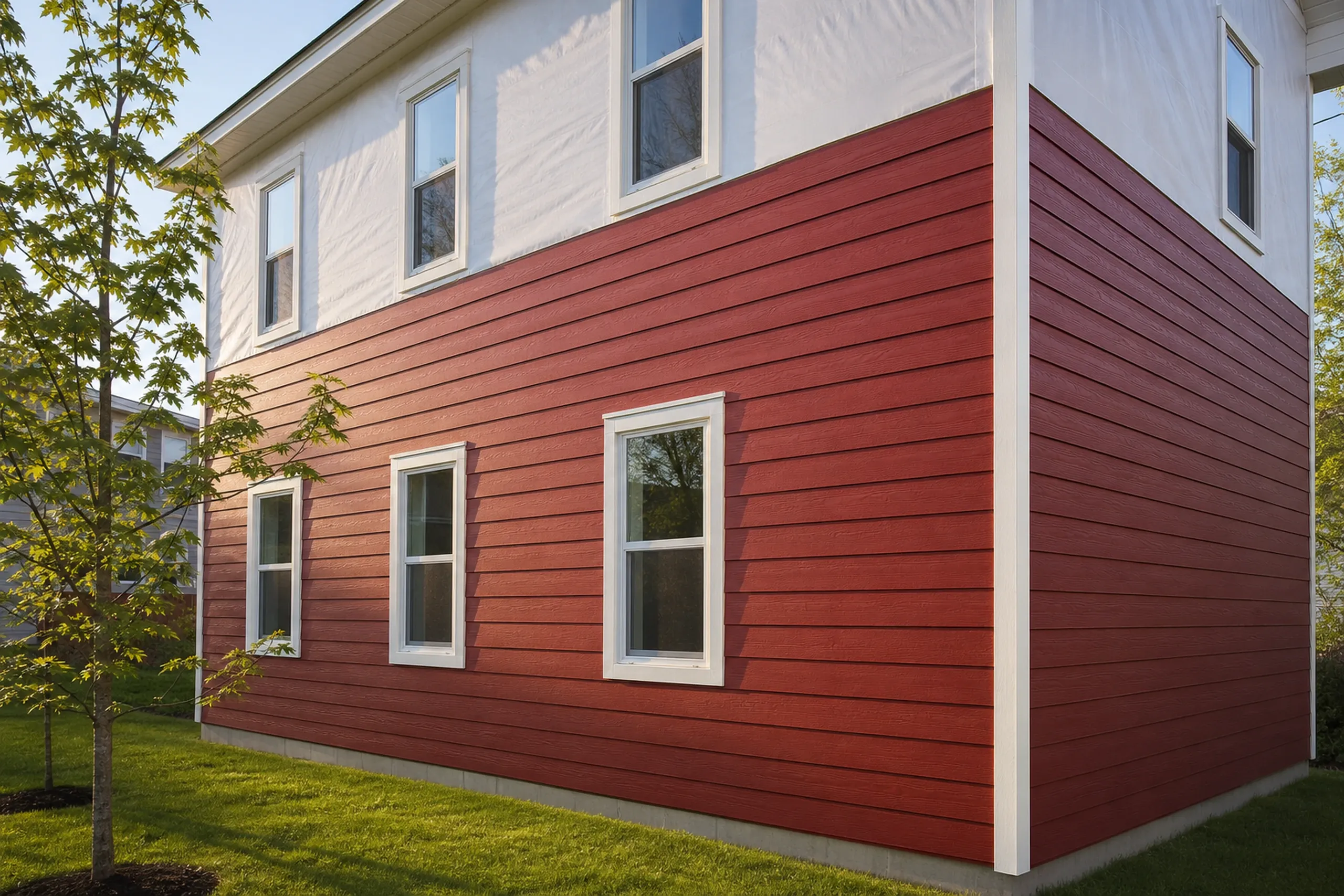 Westbrook, ME downtown multi-family: the corner of a three-story house getting LP lap boards painted deep red against a new white corner board, taped plain white housewrap showing above the newest course, late spring