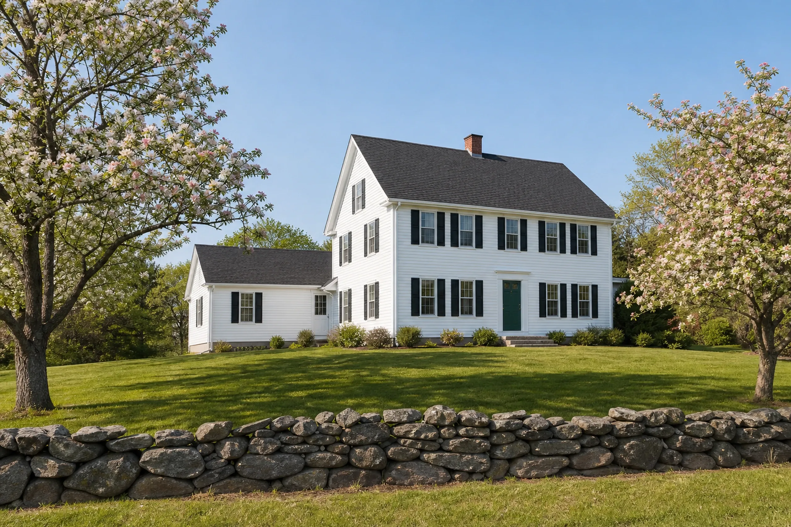 Re-sided Westbrook farmhouse at the edge of the city: A re-sided farmhouse on the edge of town, finished in white fiber cement lap with black shutters and a green door, a fieldstone wall and old apple trees in full bloom, clear late-spring morning light.