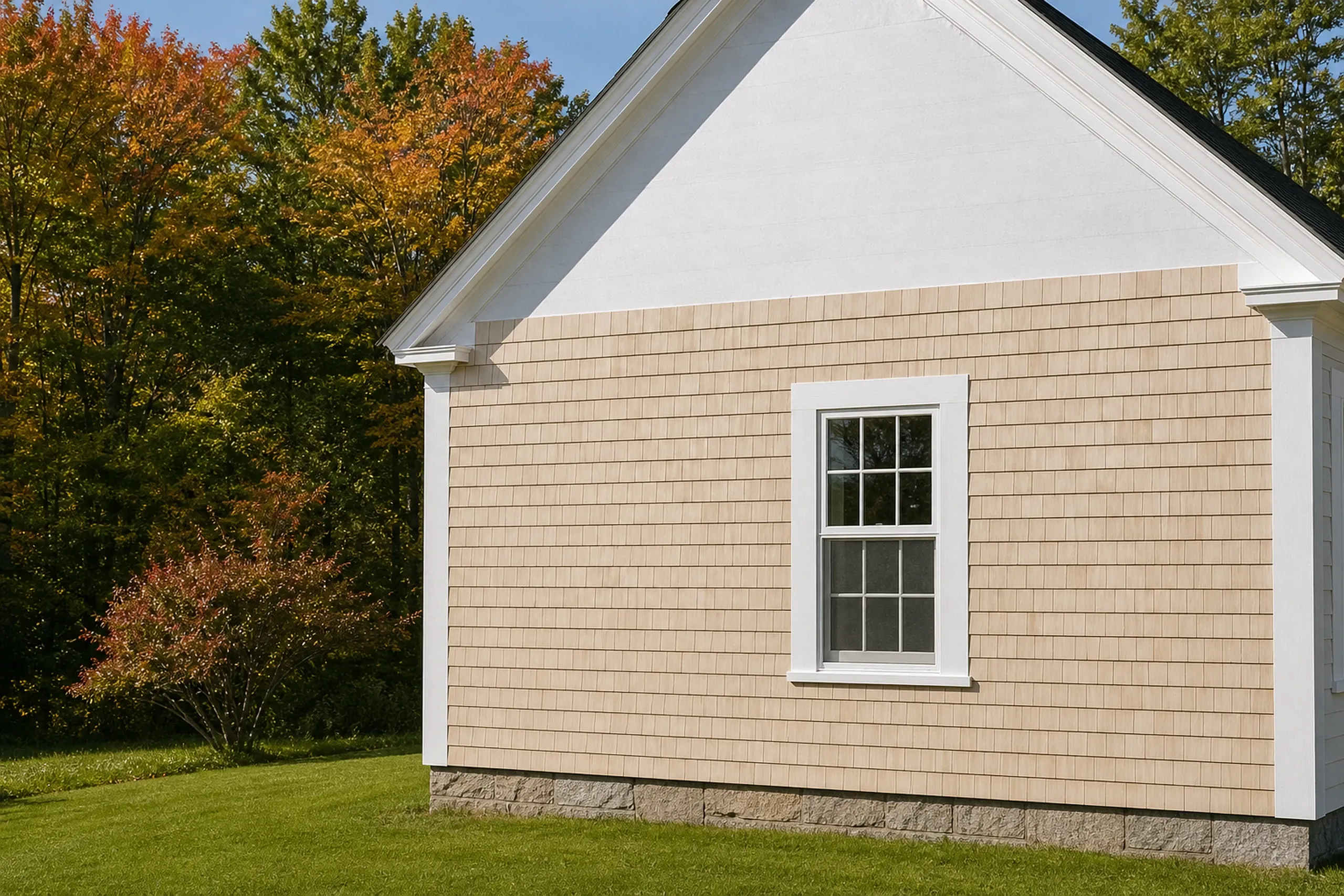 Westbrook, ME farmhouse on the city's edge: fresh pale eastern white cedar shingle courses going up on a gable end over plain housewrap, straight even butt lines, white trim at the rake, early fall maples behind