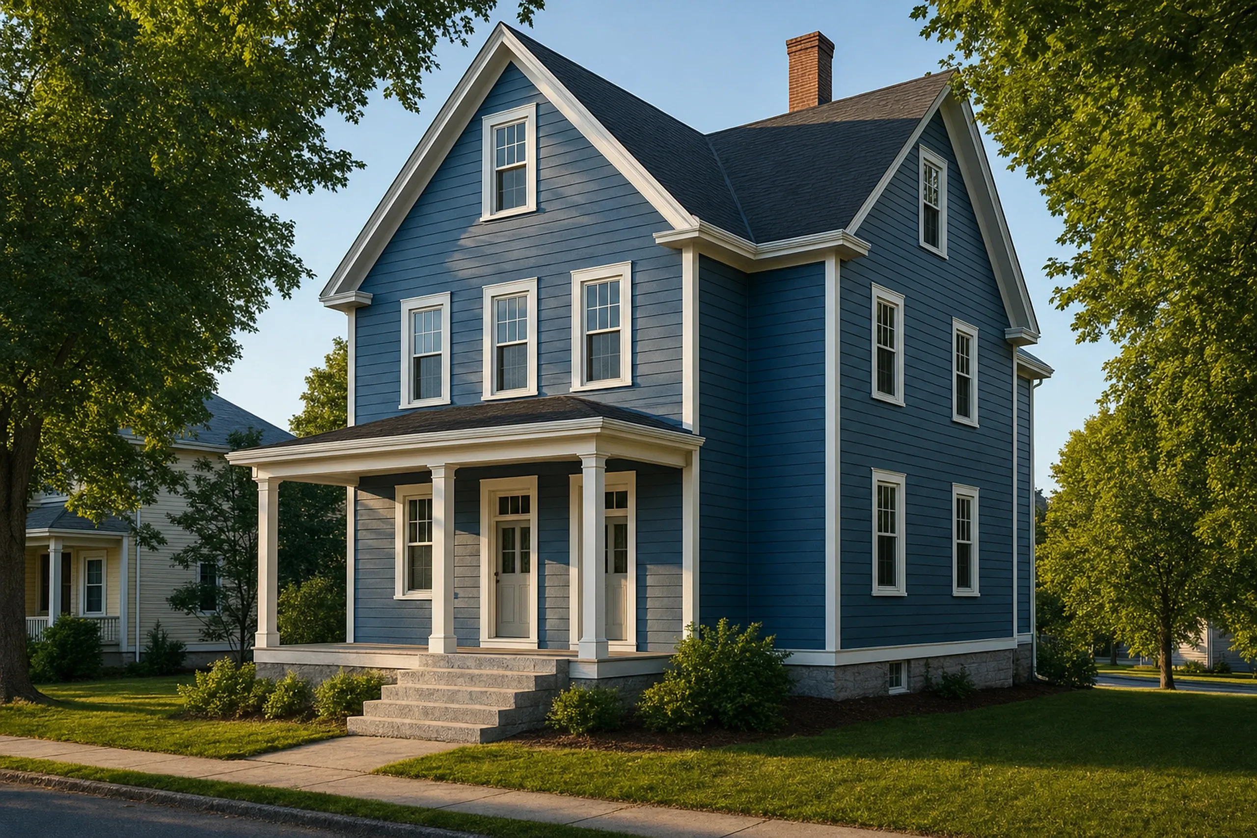 Siding installation in Westbrook, ME: an early 1900s two-and-a-half-story two-family house near downtown finished in new LP lap siding painted slate blue, crisp white corner boards and window casings, granite front steps, early summer
