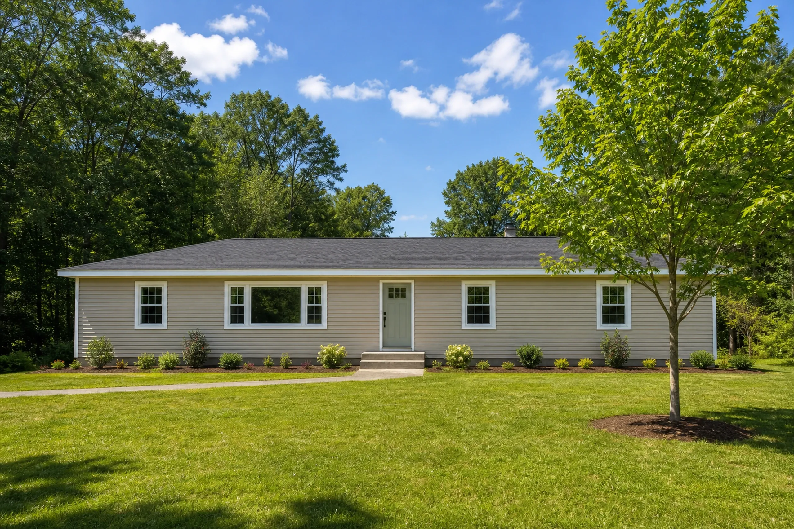 Westbrook, ME ranch at Prides Corner: a one-story postwar ranch re-sided in sandstone-colored vinyl lap siding with white window trim and corner boards, a mown lawn and a young maple, midsummer afternoon