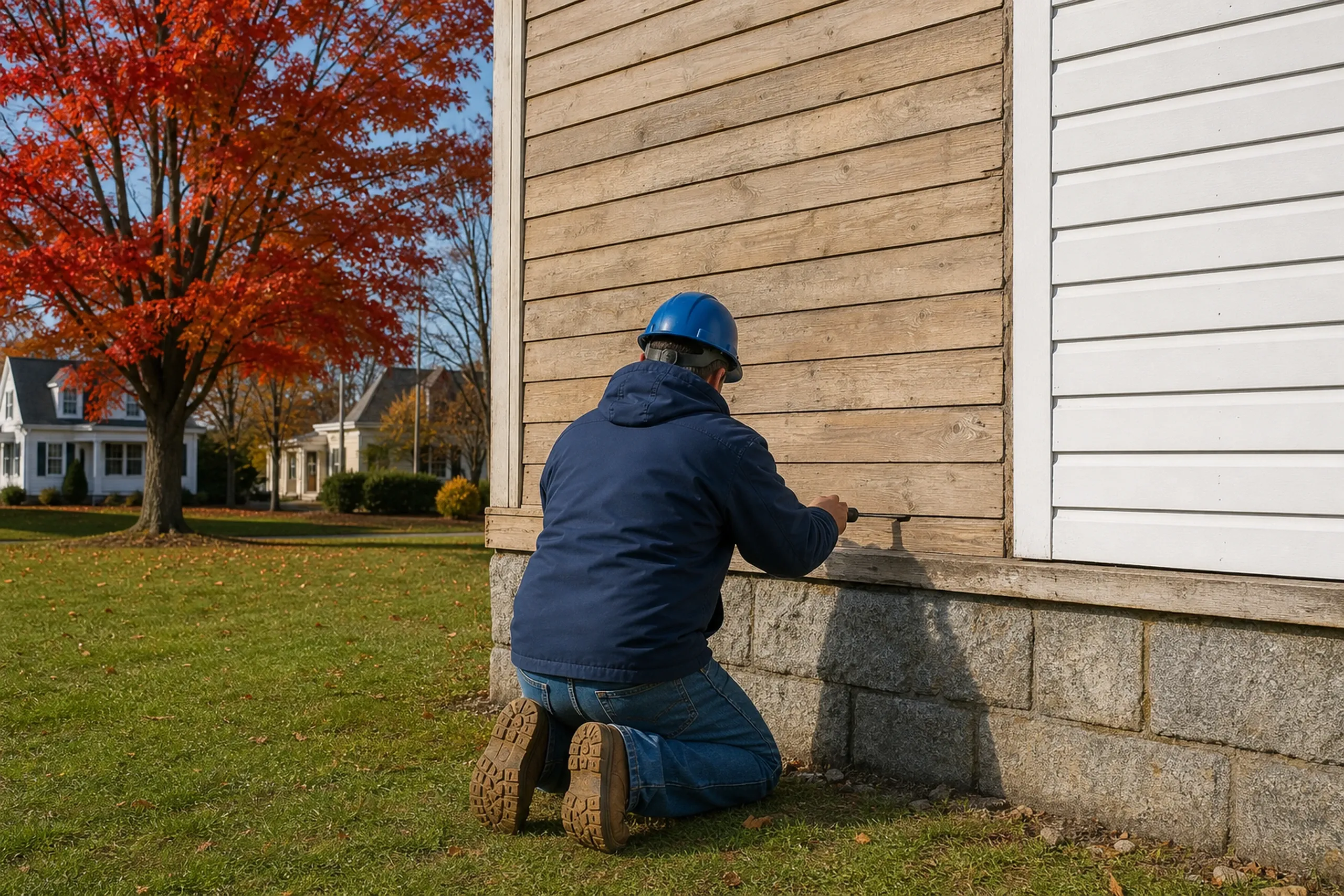 Westbrook, ME wall check: one installer seen from behind, kneeling at a stripped corner of an older house, pressing a screwdriver into the board sheathing just above the sill, old clapboards still on the next wall, autumn light