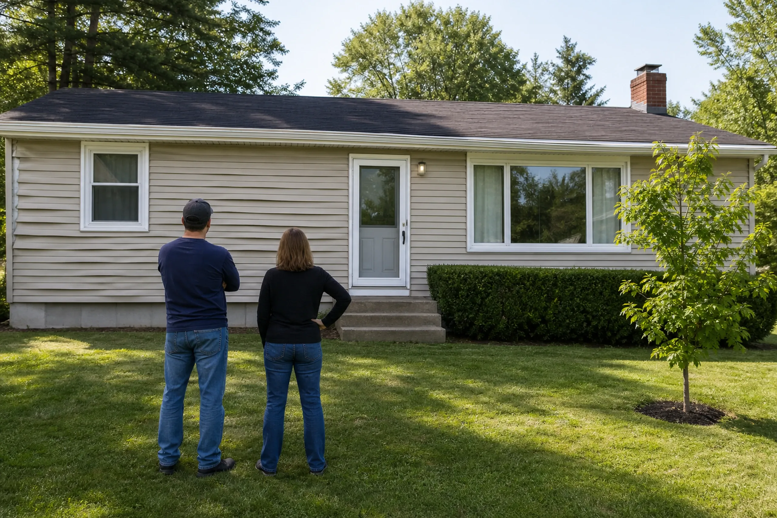 Westbrook siding first visit at a Prides Corner ranch: In bright early-summer light, two people, a siding installer and a homeowner, seen from behind, stand on the lawn before a one-story Prides Corner ranch, studying old vinyl siding that has buckled in waves and cracked at one corner panel.