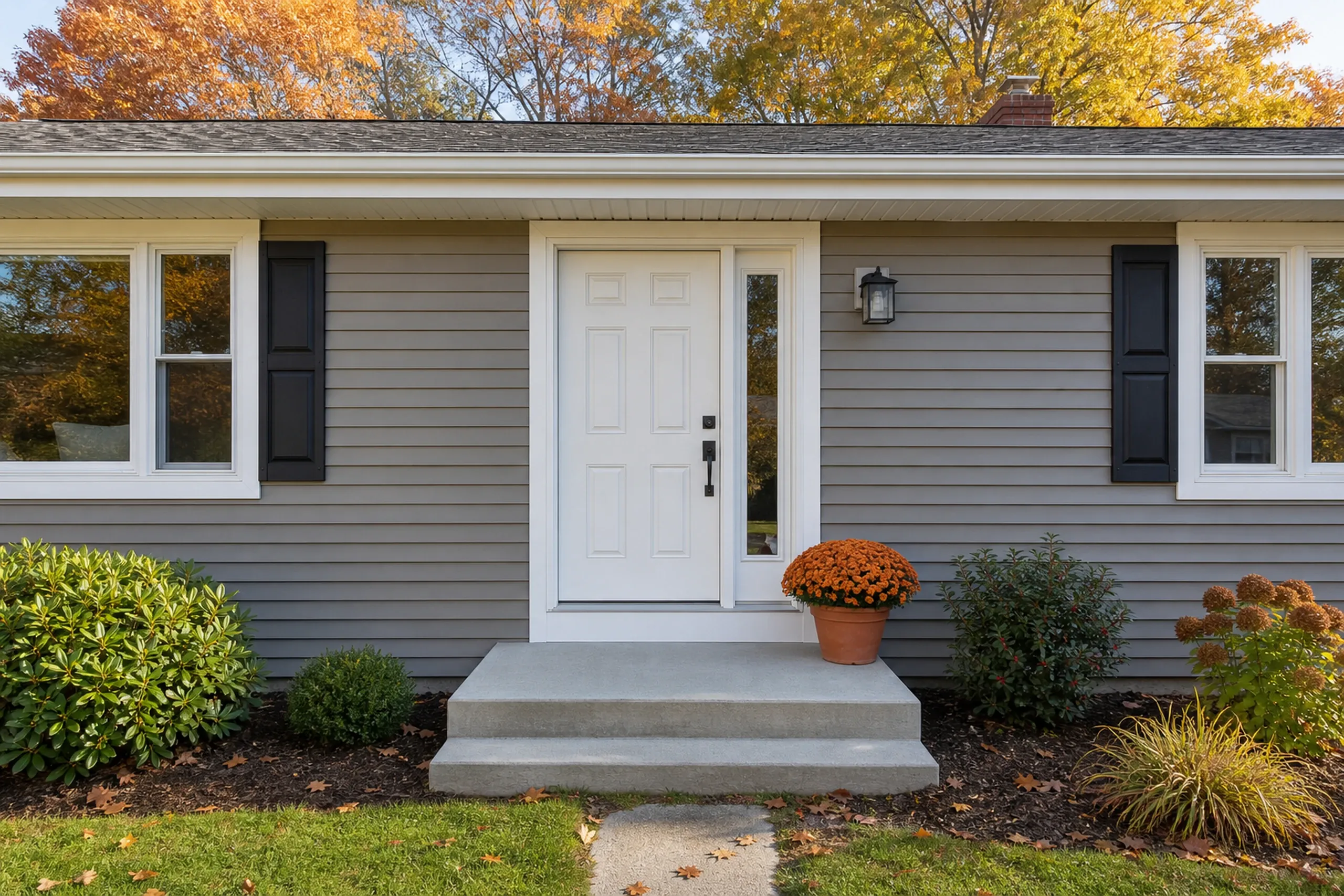 Westbrook re-sided Prides Corner ranch front entry: The front entry of a re-sided Prides Corner ranch, warm driftwood-gray vinyl lap siding around a white paneled door with a narrow sidelight, white trim, a concrete step and a pot of orange mums, cool clear October morning light, seen straight on.