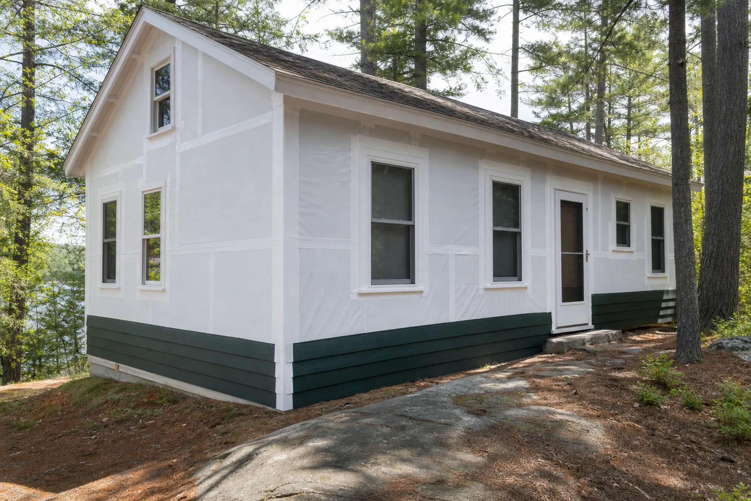 Windham, ME camp conversion: rigid foam insulation board and taped plain housewrap on an open camp wall, the first LP lap boards painted deep green going on at the bottom, pines behind, early summer