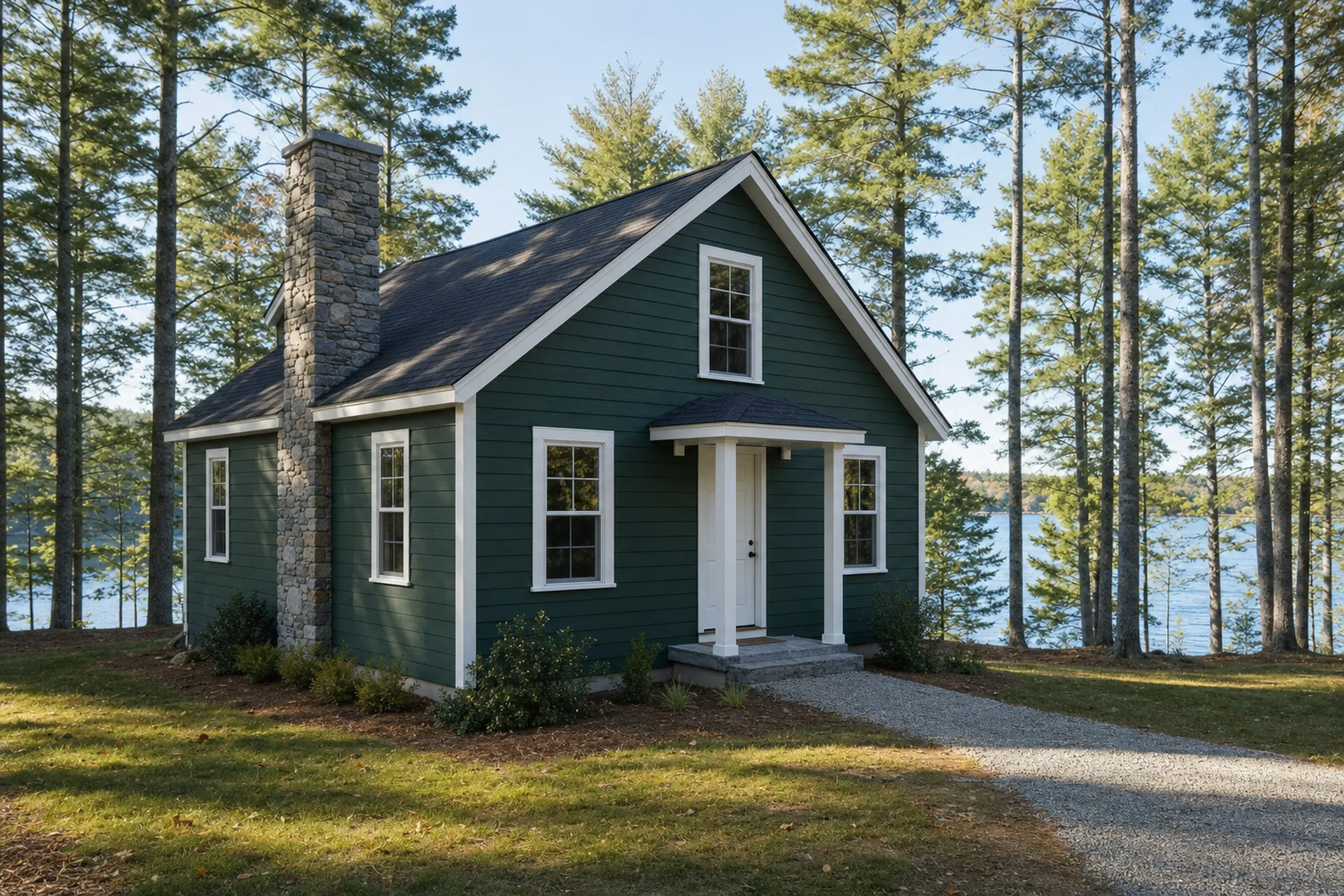 Siding installation in Windham, ME: a lakeside camp converted to a year-round home on a wooded lot, finished in new LP lap siding painted forest green with crisp white trim and corner boards, tall pines and a glimpse of lake water, early fall