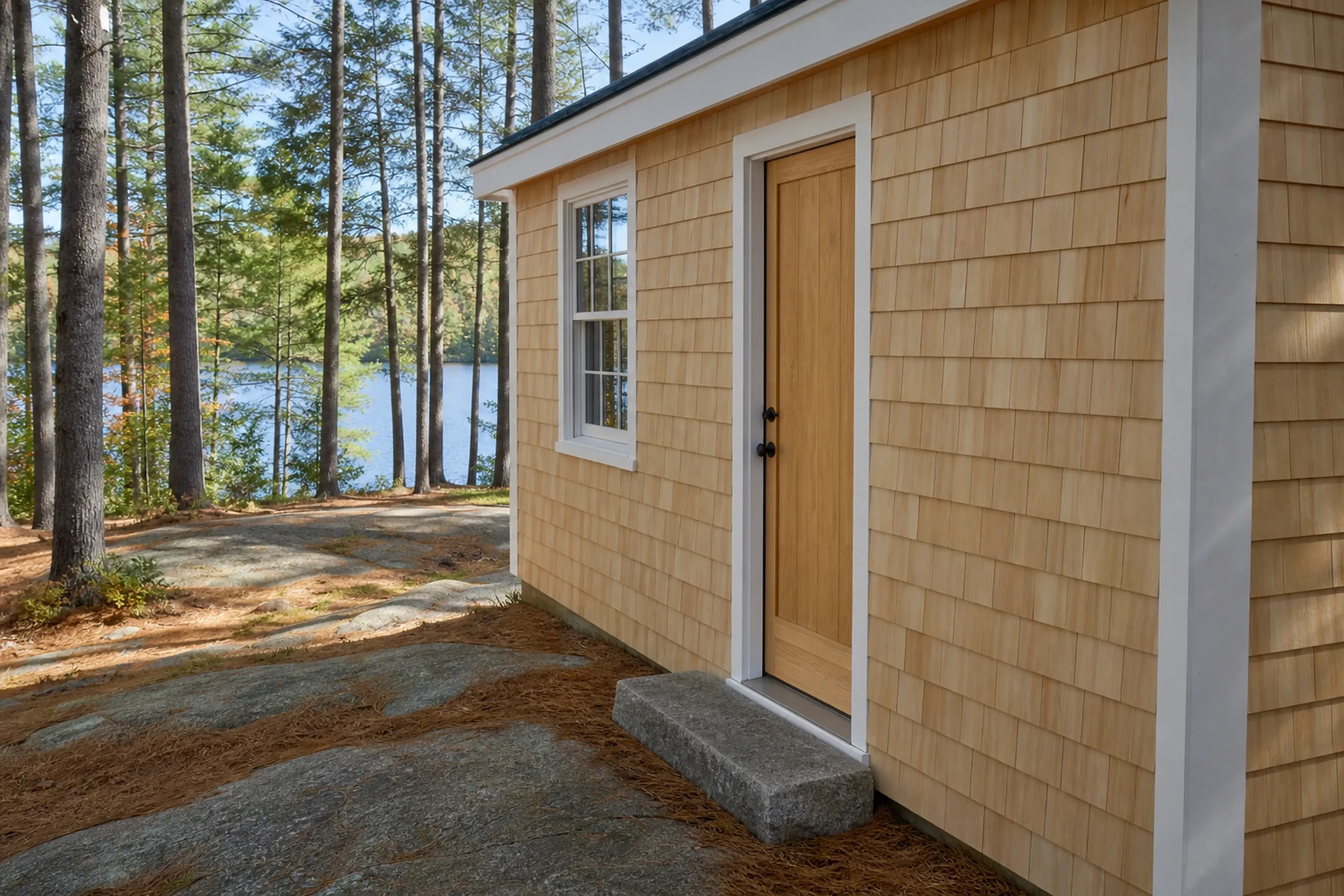 Windham, ME lake camp: new natural eastern white cedar shingles in even courses on a small shingled camp near the water, white window trim, a granite step and pines, late summer