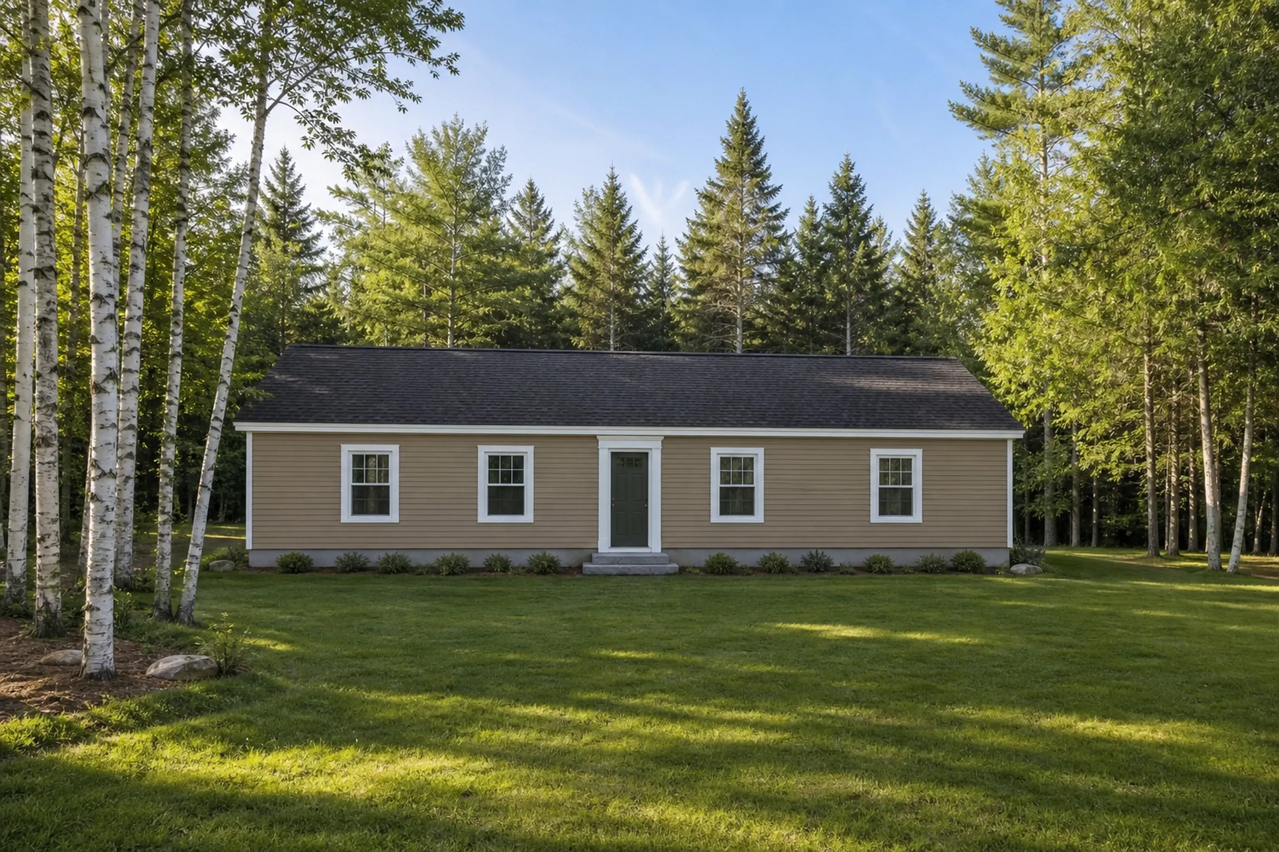 Windham, ME ranch in North Windham: a one-story ranch on a wooded lot re-sided in light clay-colored vinyl lap siding with white trim, a mown lawn edged by birches, late spring