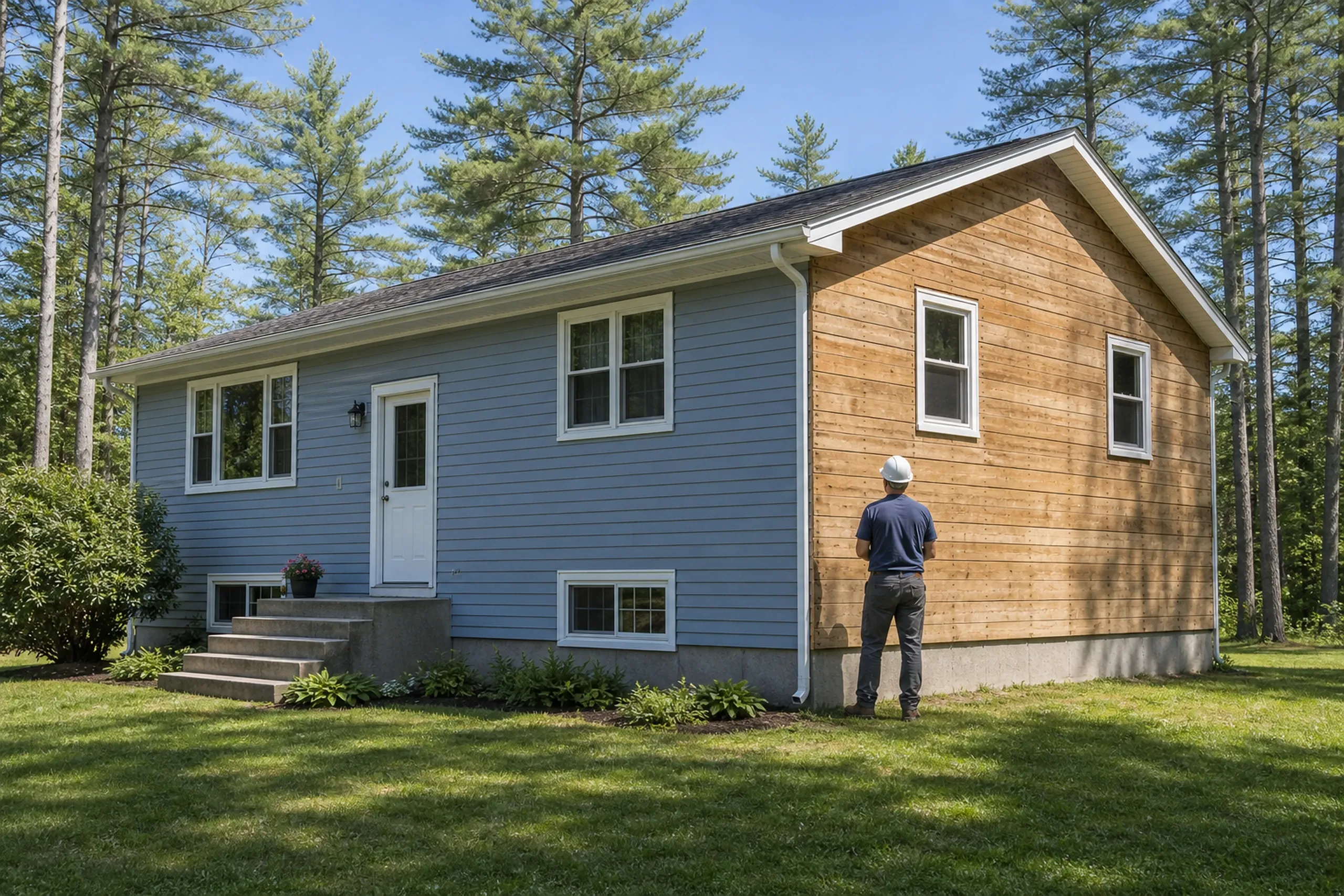 Windham, ME subdivision house: one installer seen from behind looking over the board sheathing on one stripped wall of a North Windham raised ranch, the other walls still in old siding, summer