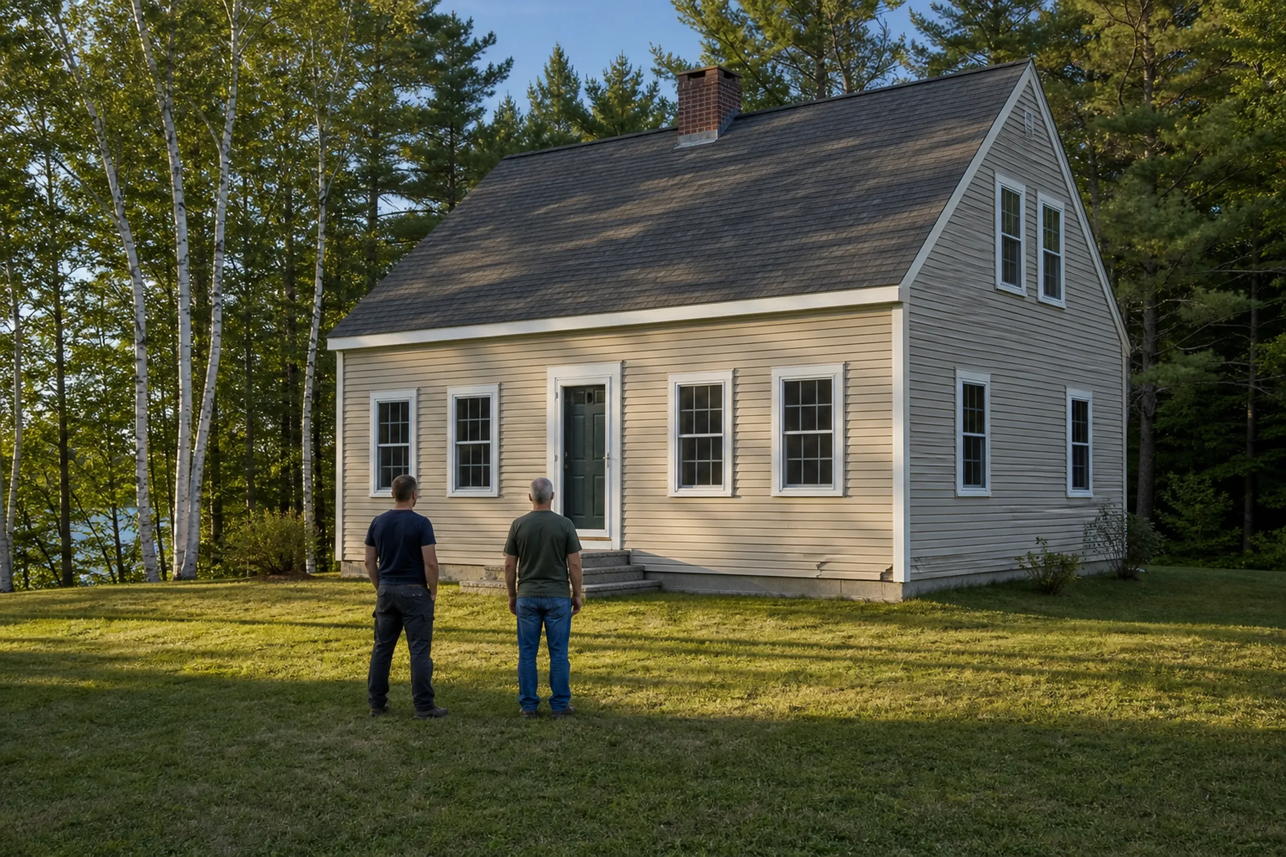 Windham first visit at a cape with faded vinyl: two people, a siding installer and a homeowner, seen from behind, stand on the lawn facing a cape on a wooded lot where the beige vinyl lap siding has faded chalky and warped, with a cracked panel low beside the corner, warm late-afternoon summer light.