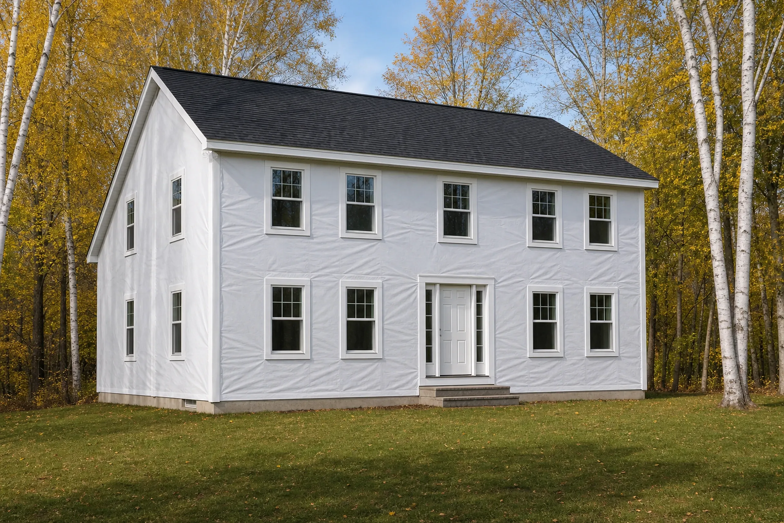 Windham corner board and trim stage on a colonial: the front wall of a two-story North Windham colonial at the corner board and trim stage, in-progress, with plain white housewrap across the wall, white corner boards and window casings fitted, birch trunks at the lot edge, cool clear October morning light.