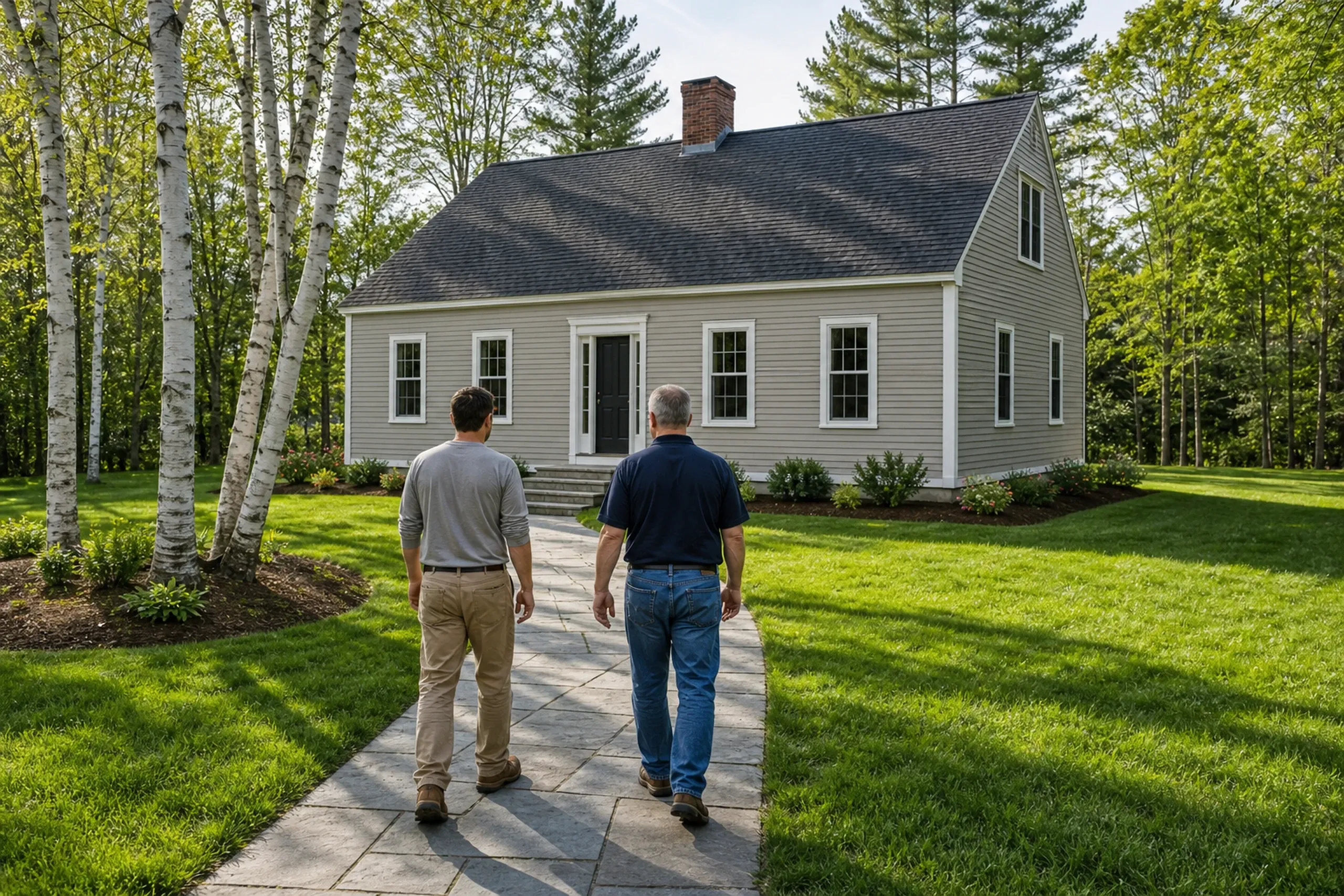 Windham final walkaround at the re-sided cape: two people, a siding installer and a homeowner, seen from behind, walk the front path to the re-sided cape, new warm greige fiber cement lap siding with crisp white corner boards and window trim, birches along the lot edge, clear late-spring morning light.