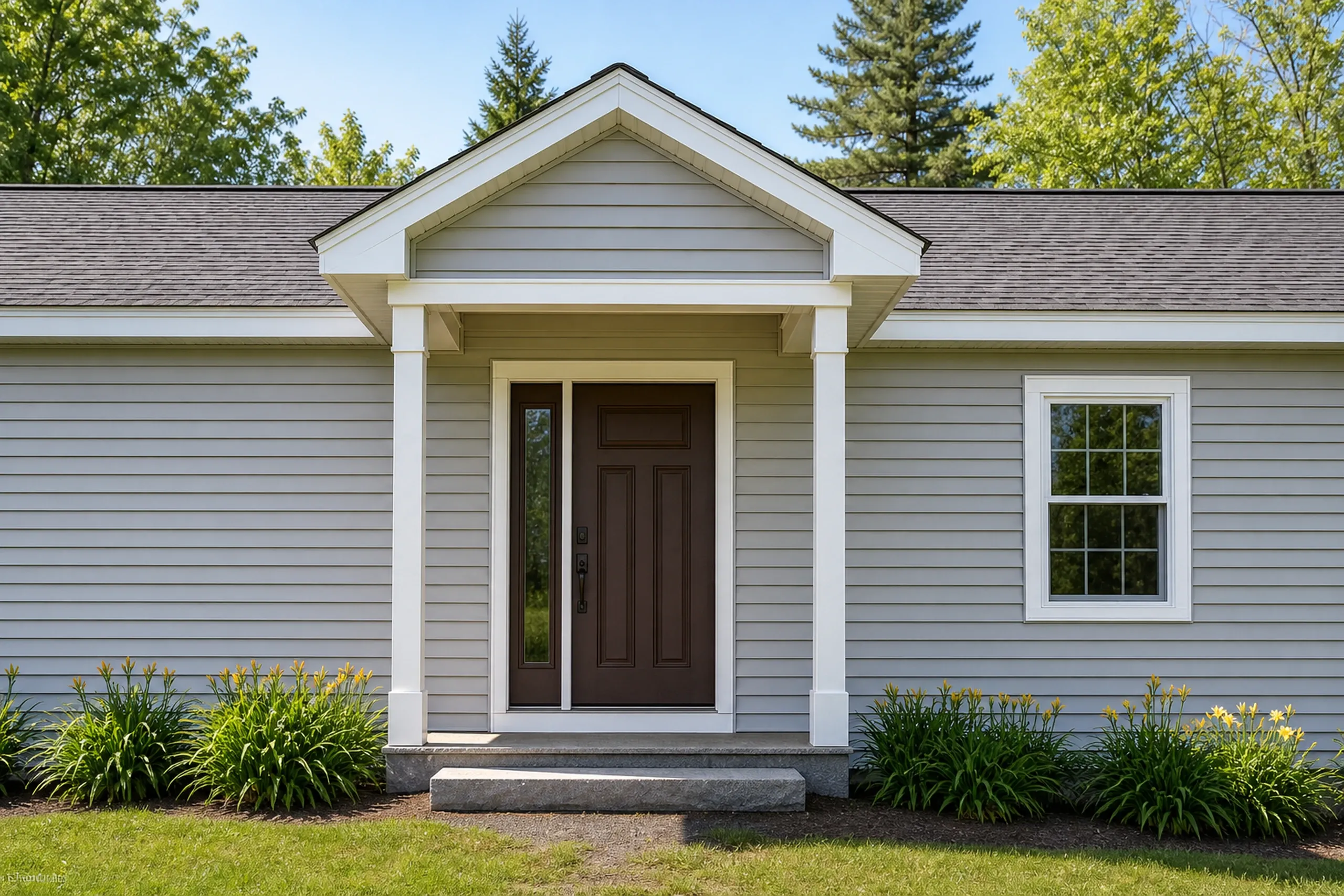 Windham front entry on a re-sided ranch: vertical front-entry view of a re-sided one-story Windham ranch in soft warm-gray vinyl lap siding, white trim around a brown paneled door with a narrow sidelight, a granite step and a bed of daylilies, bright early-summer afternoon light.