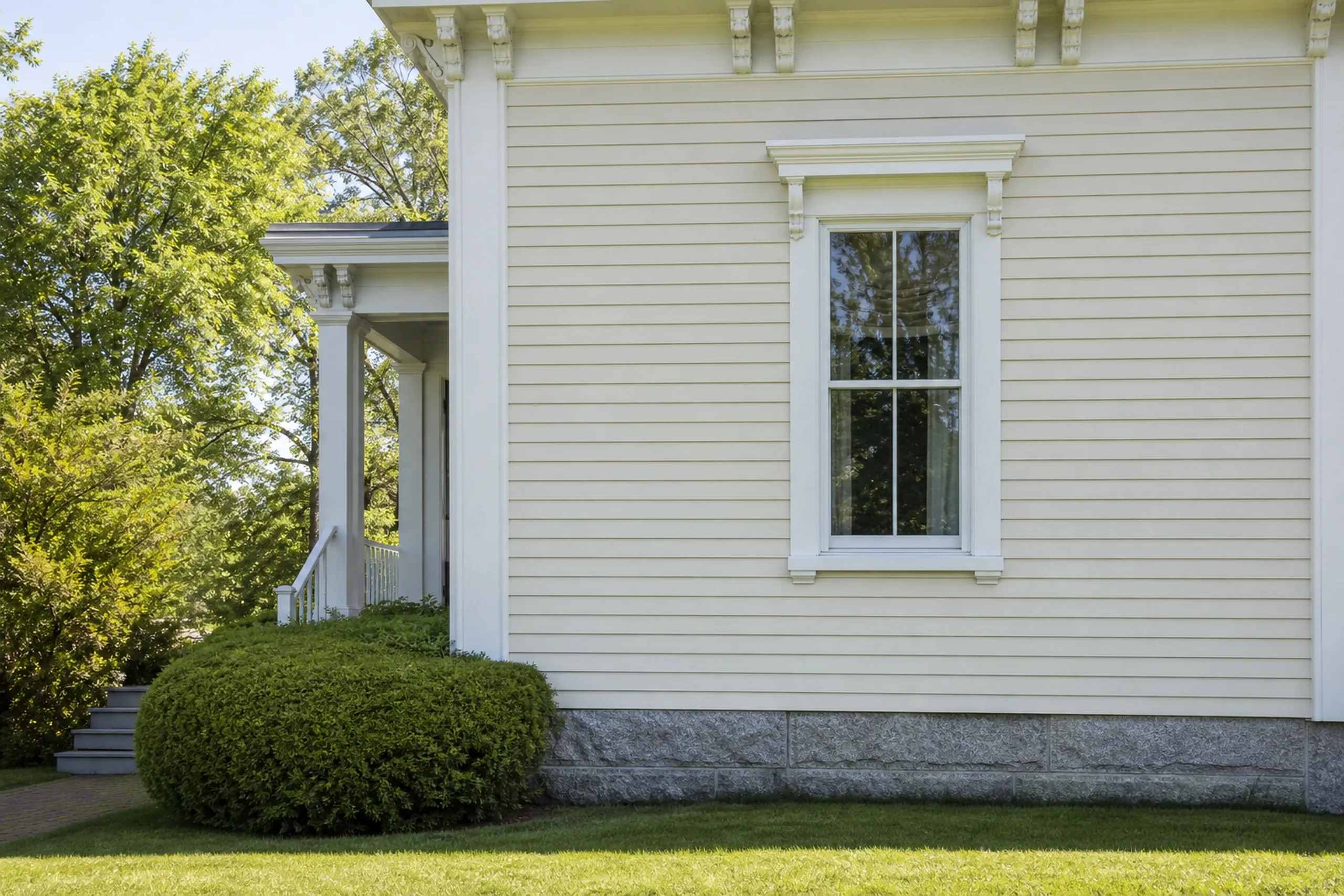 Yarmouth clapboard repair: a run of new painted wood clapboards under a tall window of an Italianate house, blended into the old boards at the same reveal, white trim and a granite foundation, summer.