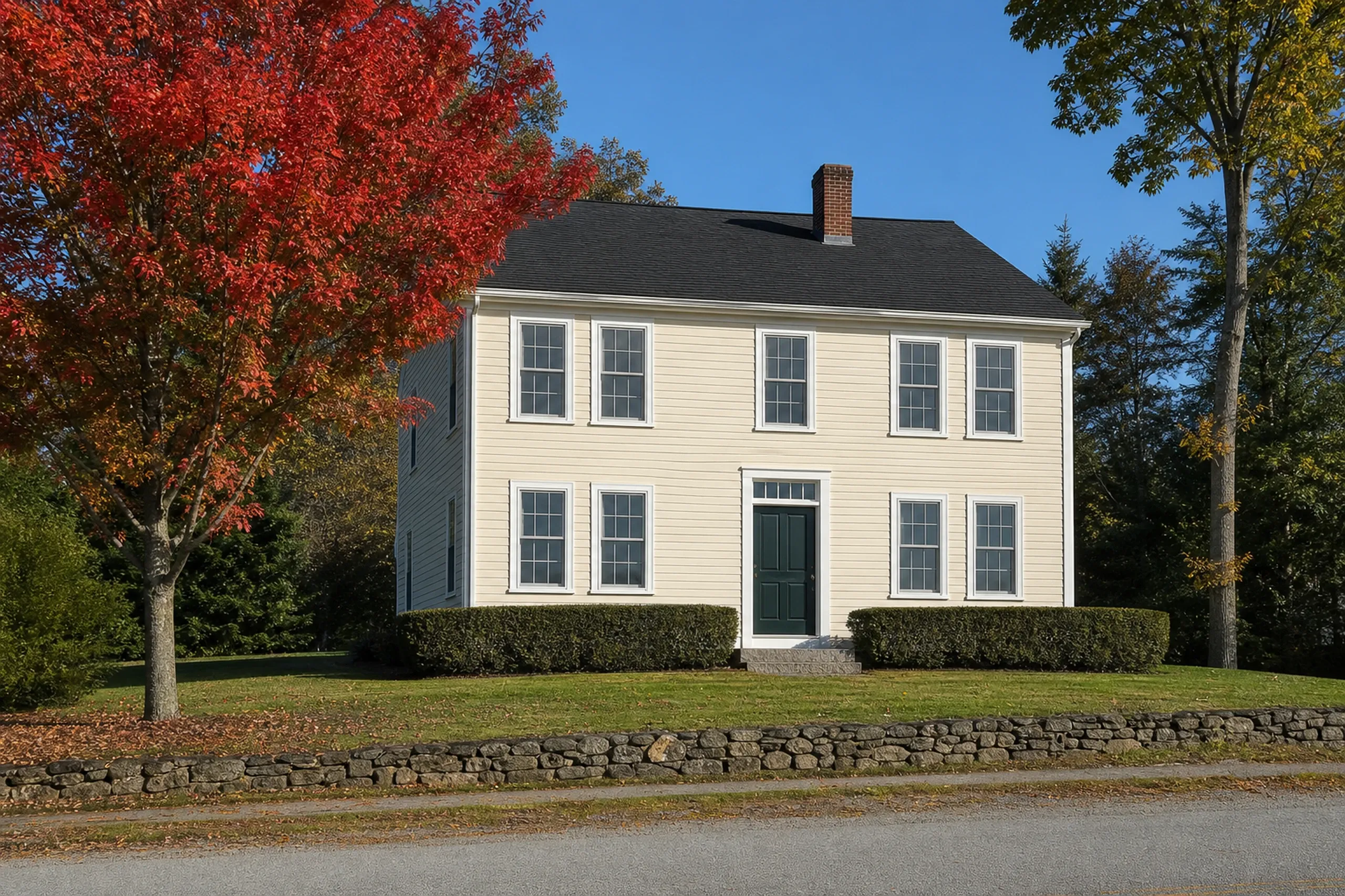 Yarmouth re-sided Federal house in early autumn: a re-sided two-story Federal house on a village street, smooth fiber cement lap siding painted warm cream, white corner boards and window casings, a dark green front door, a granite step, a clipped hedge and a red maple in crisp early-autumn light.