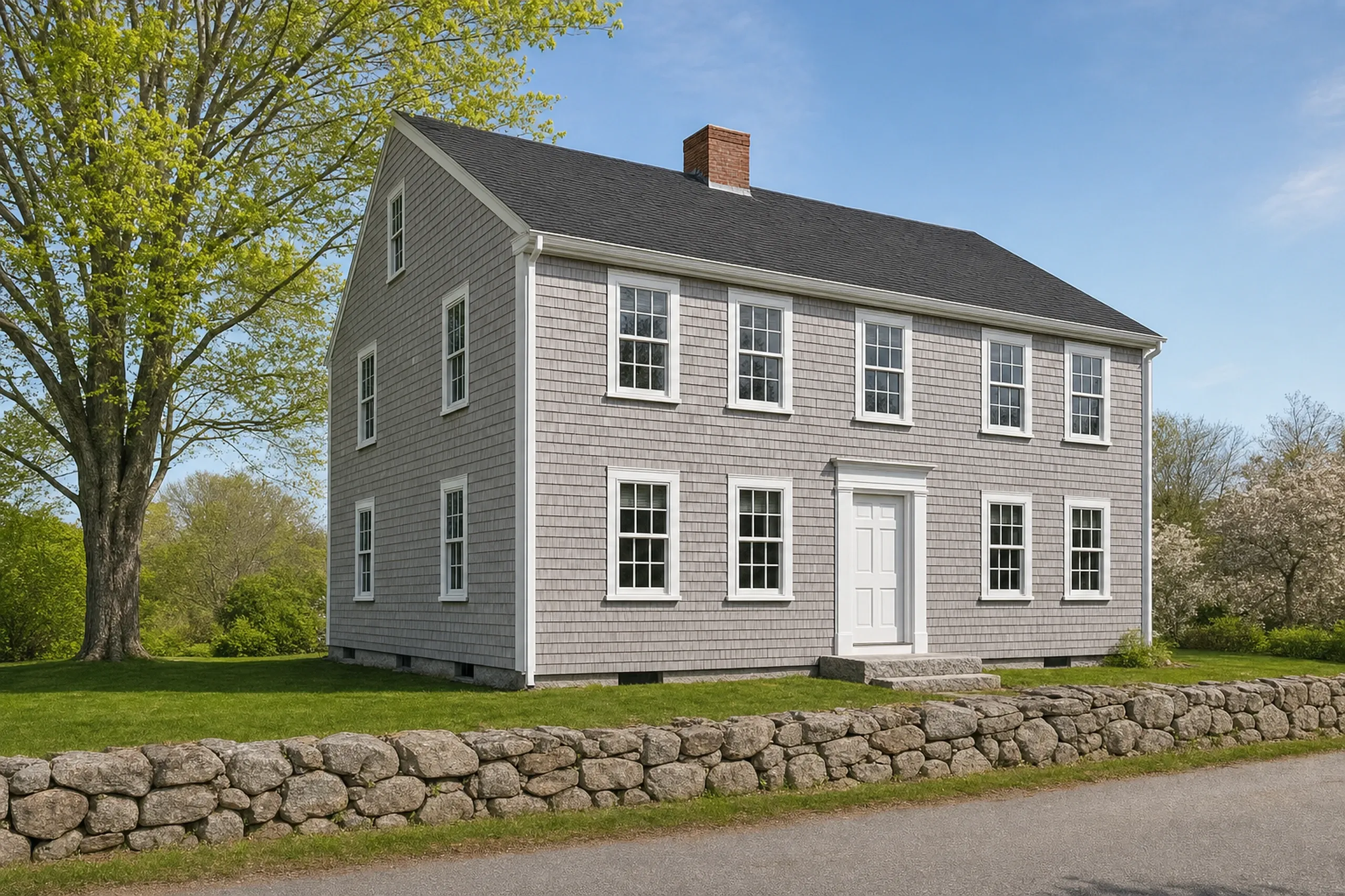 Siding installation in Yarmouth, ME: a two-story village Colonial house finished in new eastern white cedar shingles stained a light natural gray, crisp white corner boards and window casings, a granite front step and a sugar maple in the side yard, late spring.