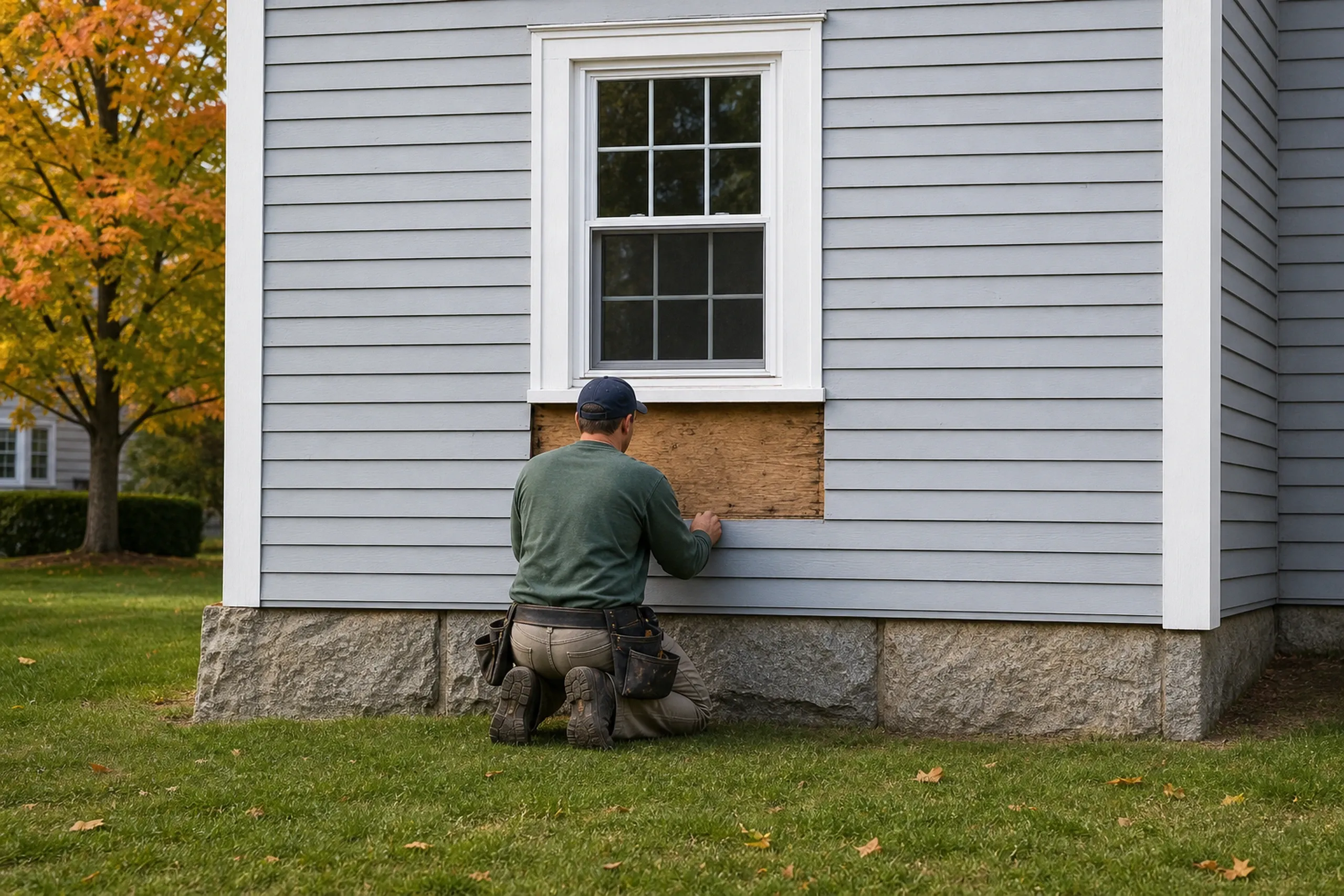 Yarmouth, ME wall reading: one installer seen from behind, kneeling at a short stripped section of old clapboard below a window to press on the sheathing at the sill, the rest of the wall still sided, early fall light.