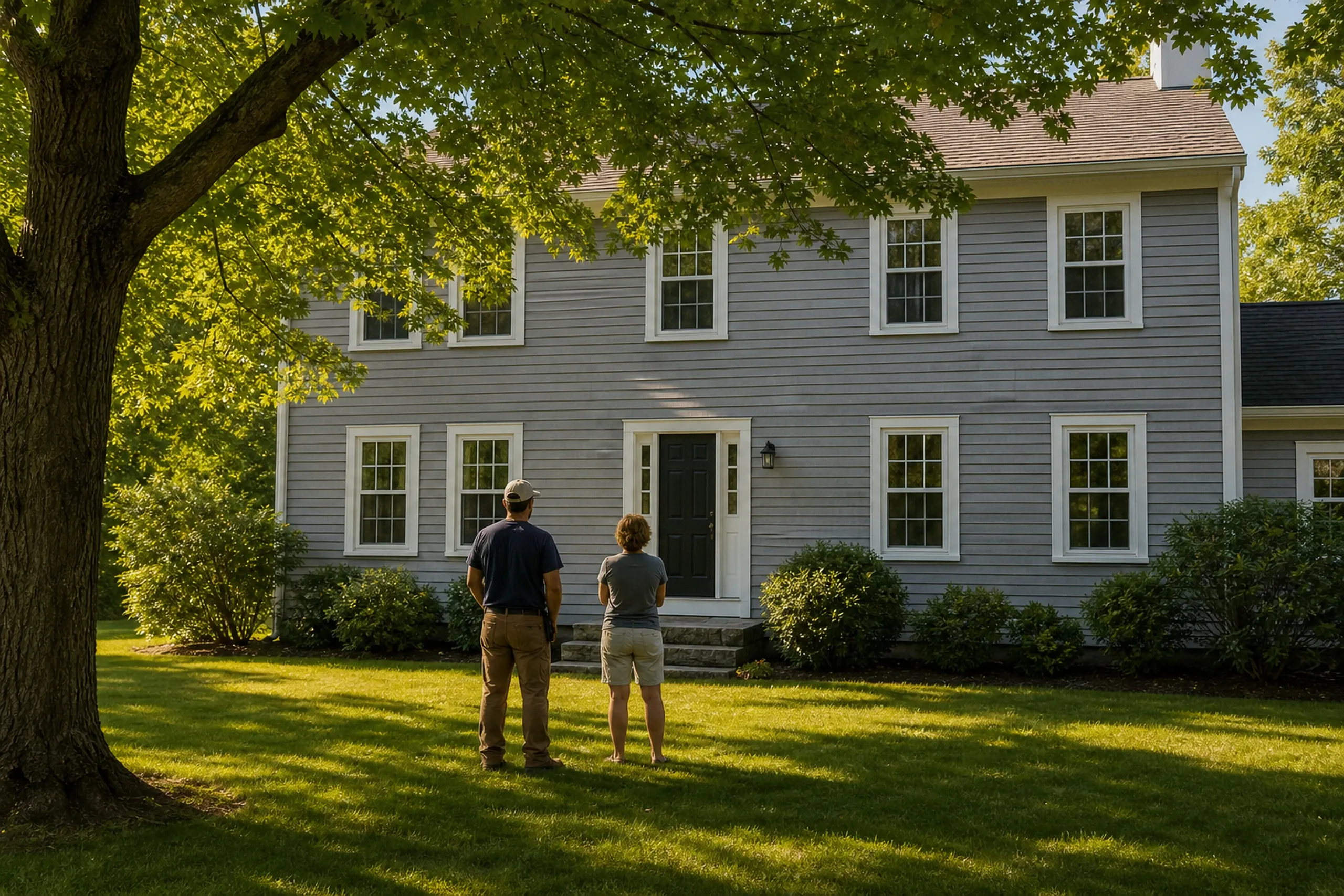 Yarmouth first visit at a faded vinyl colonial: two people, a siding installer and a homeowner, seen from behind, stand on the lawn facing the front wall of a 1970s colonial where the gray vinyl lap siding has faded chalky and bowed, one panel cracked beside the window, a maple overhead, warm late-afternoon summer light.