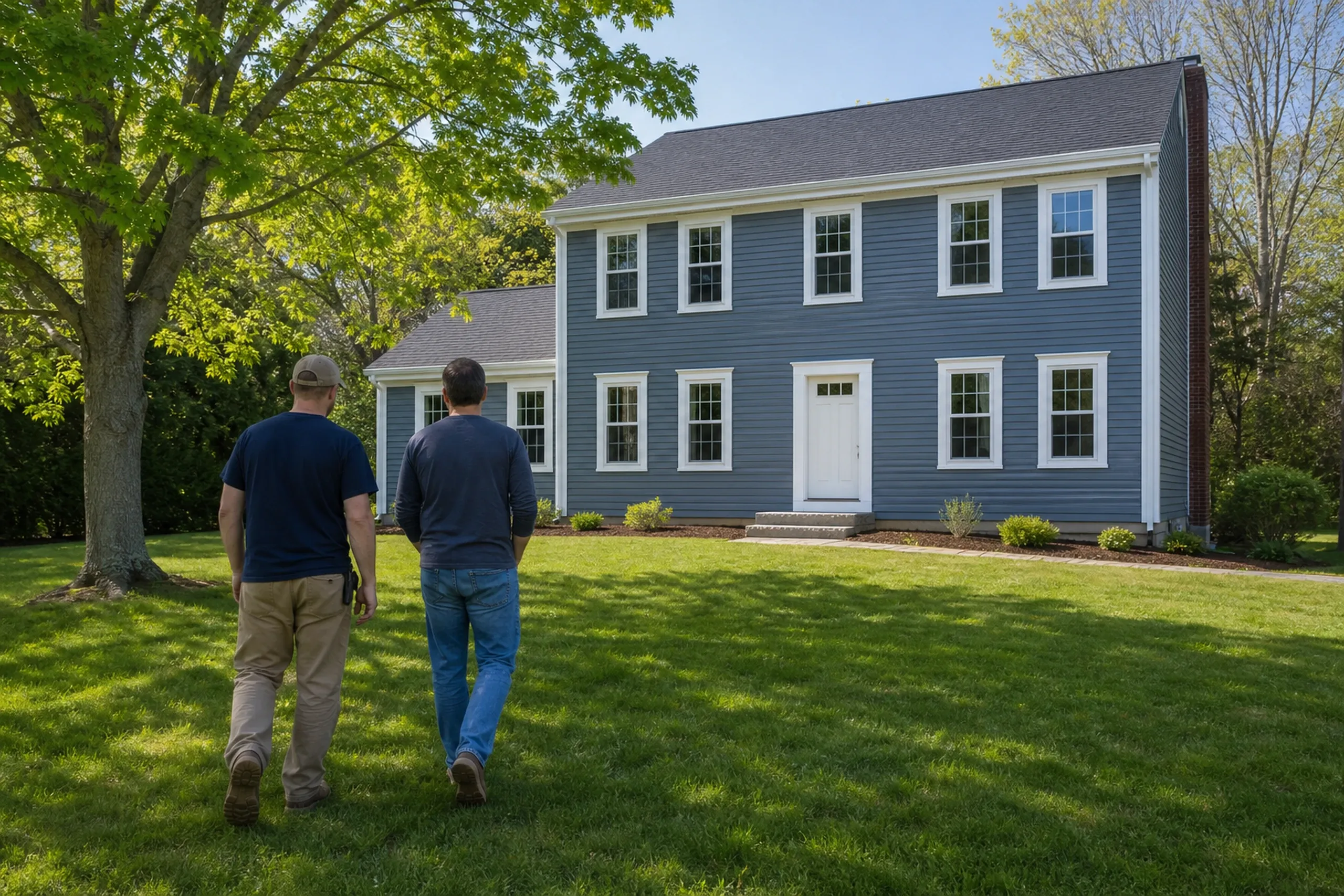 Yarmouth final walkaround at the re-sided colonial: two people, a siding installer and a homeowner, seen from behind, walk the front lawn toward the re-sided 1970s colonial, new muted slate-blue vinyl lap siding with white corner boards and window trim, a granite step and a maple, clear late-spring morning light.