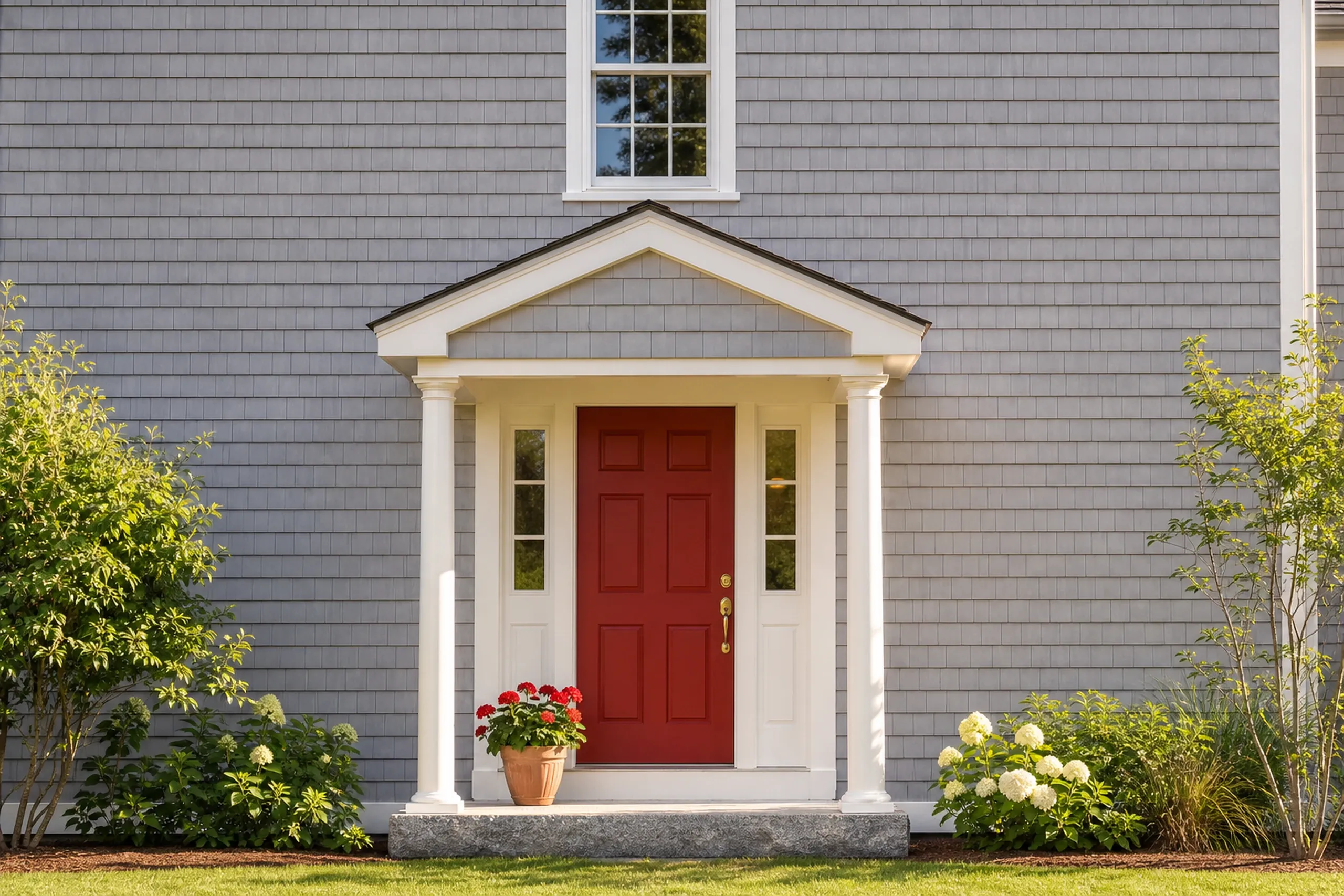 Yarmouth front entry on a re-sided village house: vertical front-entry view of a re-sided Yarmouth village colonial with weathered gray cedar shingles around a paneled red door with sidelights, white trim, a single granite step and a pot of geraniums, warm summer afternoon light.