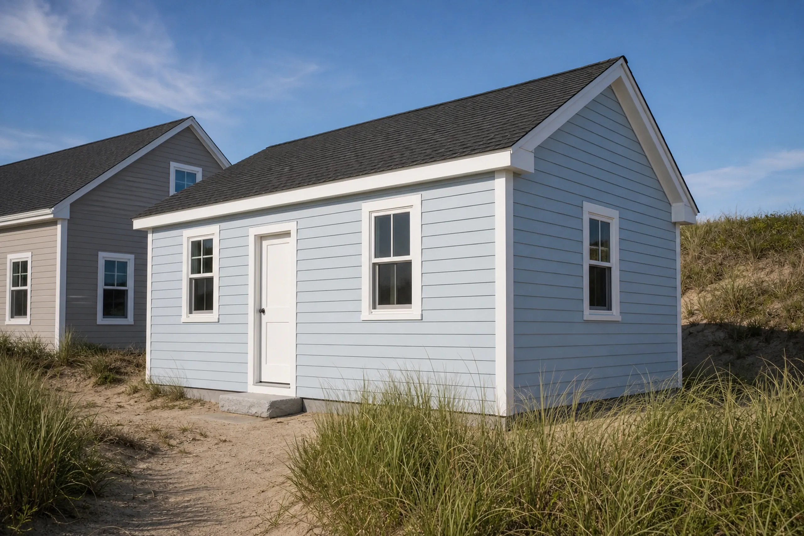 York Beach cottage in fiber cement: small one-story cottage with pale blue fiber cement lap siding, white corner boards and window trim, close beside a neighboring cottage, beach grass in front, late spring.