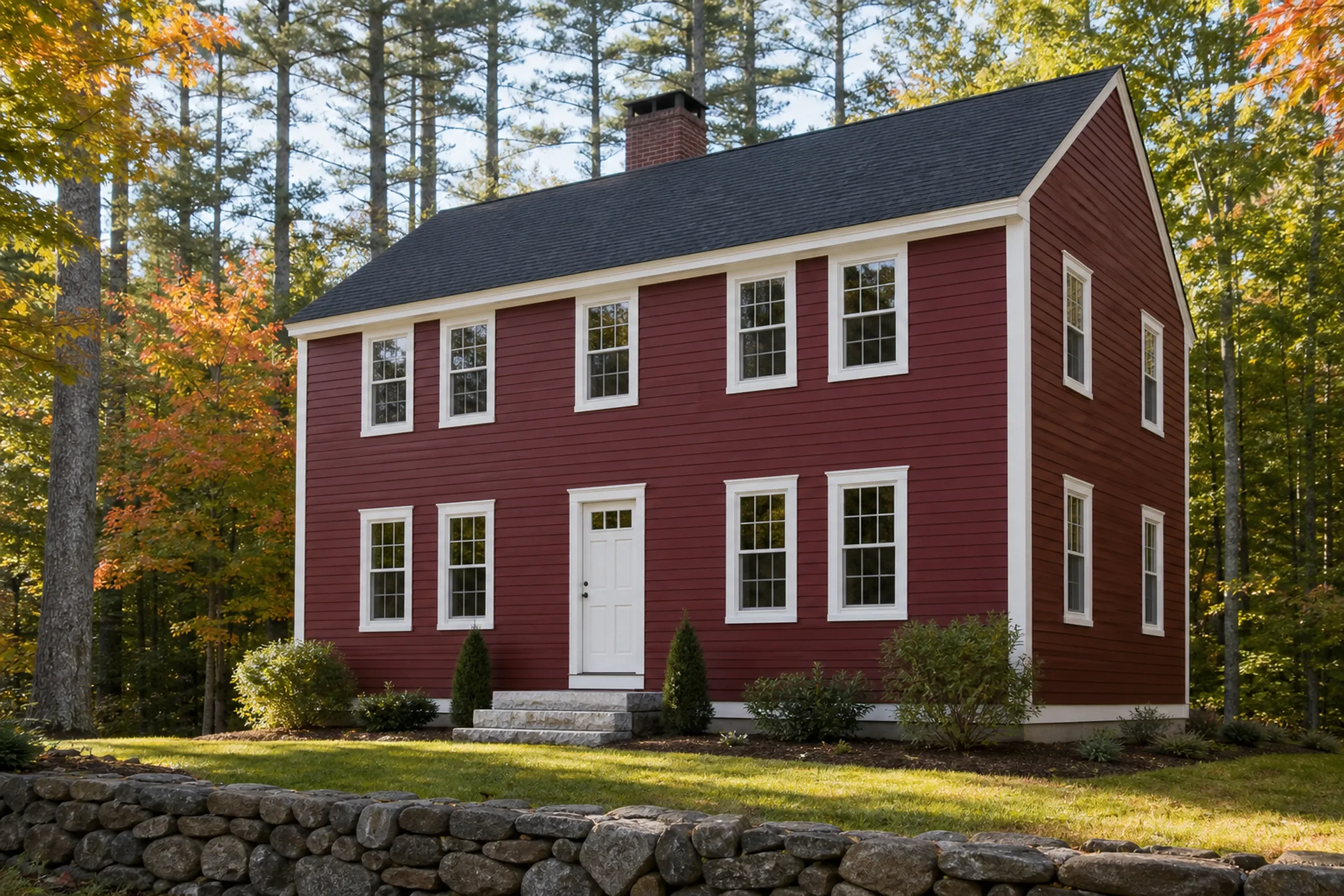 Rural Cape Neddick home in LP SmartSide: two-story colonial with barn red engineered wood lap siding and white trim on a wooded lot with a fieldstone wall, early fall.