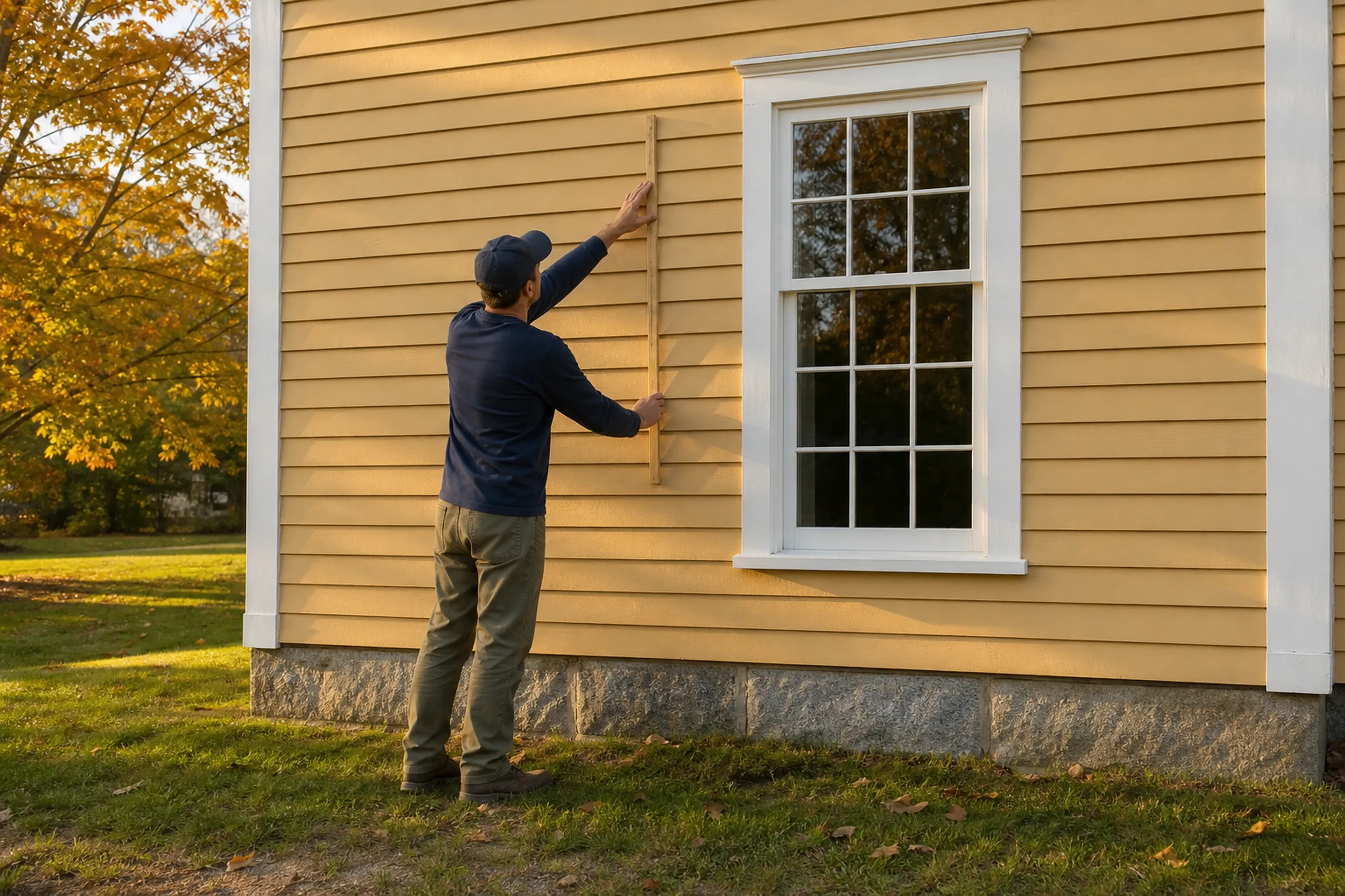 York Village clapboard check: one installer seen from behind holding a folding rule against an original painted wood clapboard wall to measure its exposure beside a small-paned window, fall.
