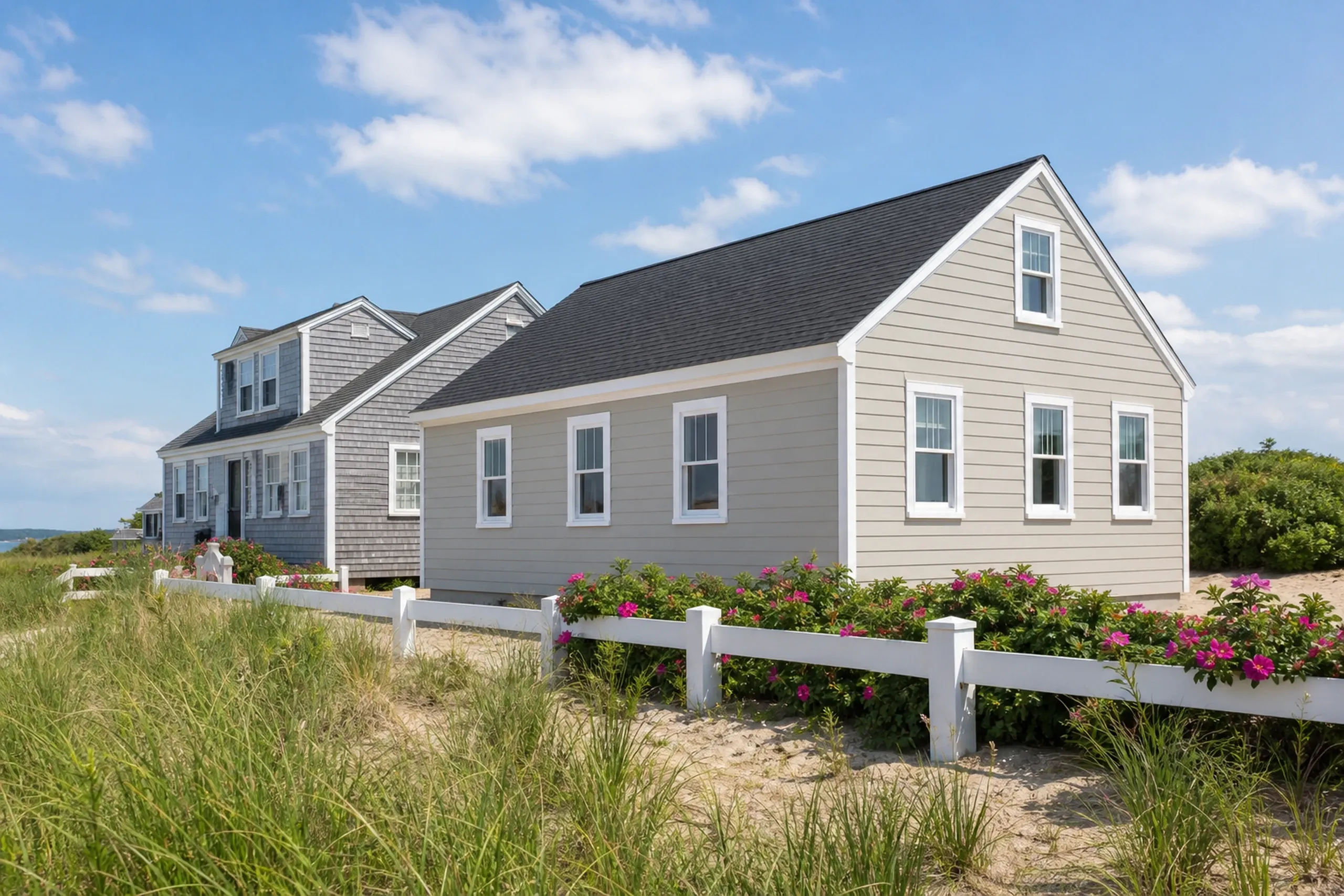 York Long Sands cottage after re-siding: A re-sided Long Sands cottage in York in soft warm gray-beige fiber cement lap siding with white corner boards and trim, set close beside a neighboring cottage, with sea roses in bloom along a low fence and beach grass in front, bright early-summer afternoon light.