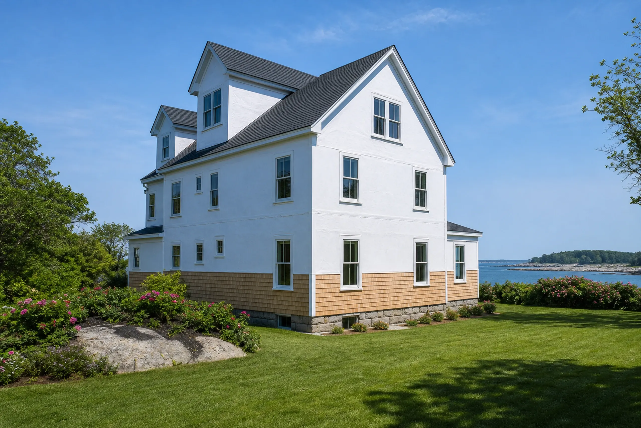 York Harbor summer cottage being shingled: new cedar shingle courses going up over plain white housewrap with no printing at the corner of a large two-and-a-half-story cottage, summer.