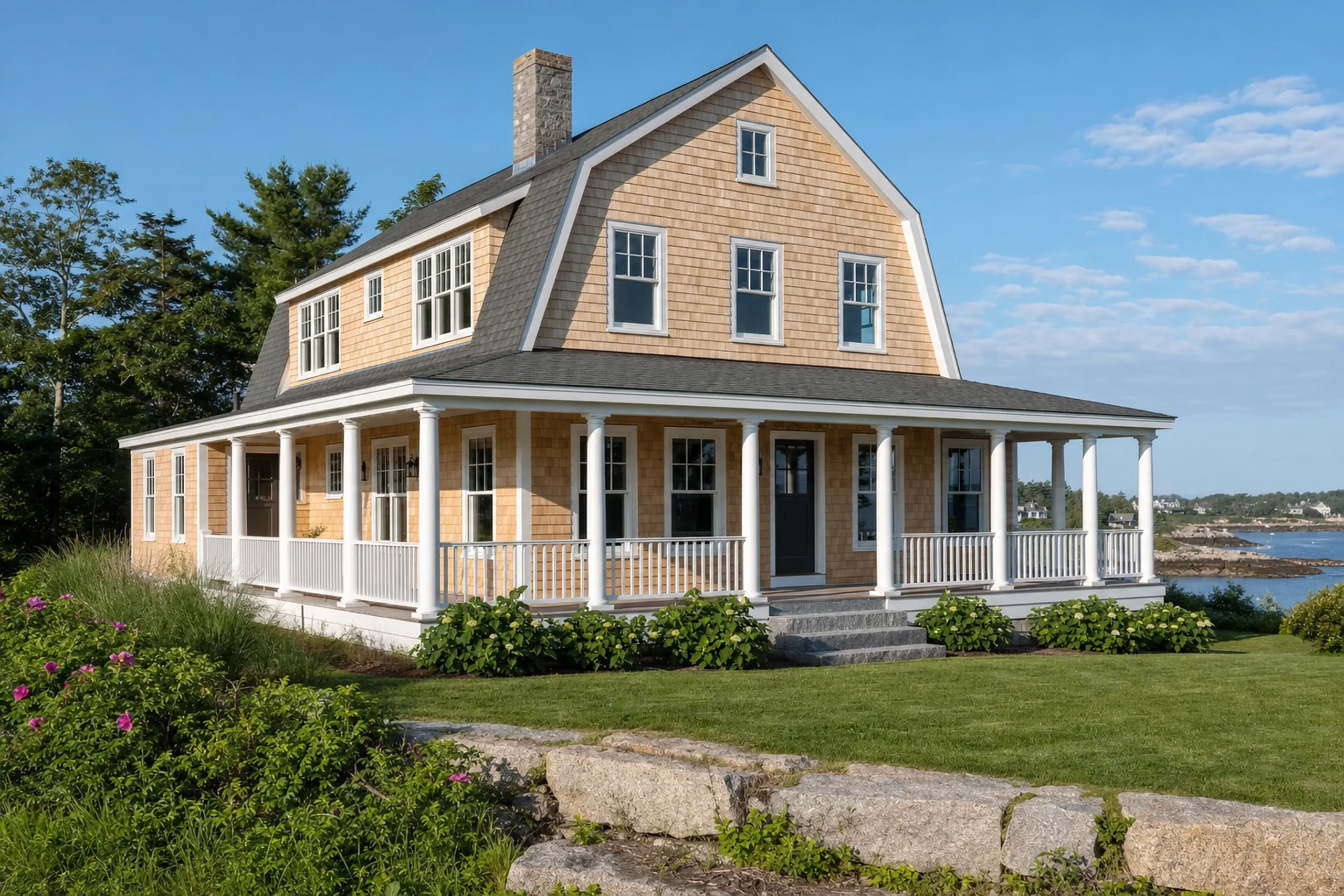 Siding installation in York, ME: large shingle-style summer cottage near the harbor with new natural cedar shingle siding, white trim, a wide front porch and a gambrel roof, granite steps and hydrangeas, early summer.