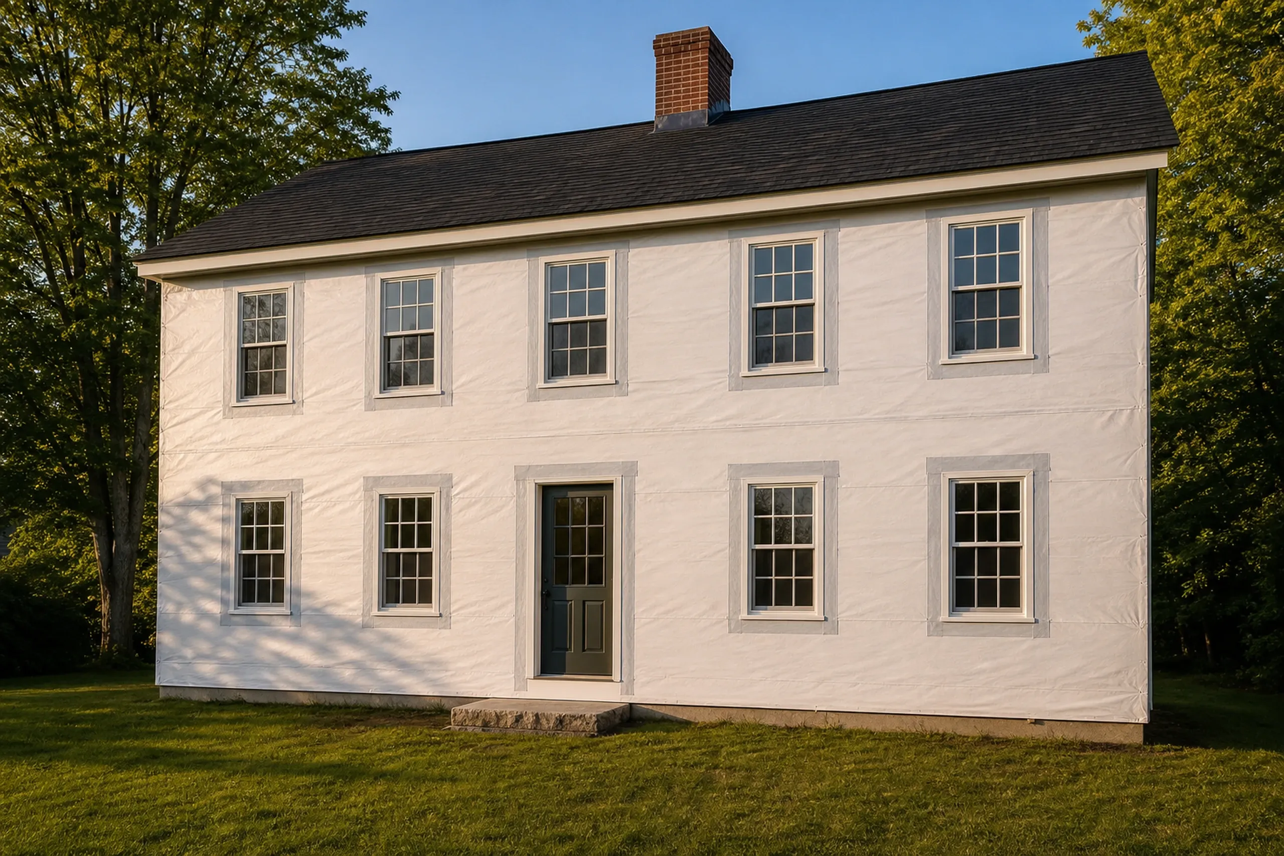 York Village colonial housewrap and flashing stage: On a York Village two-story center-hall colonial, an in-progress housewrap and window flashing stage shows plain white housewrap smooth across the front wall with every small-paned window opening edged in fresh flashing and the wall otherwise bare, warm late-afternoon summer light.