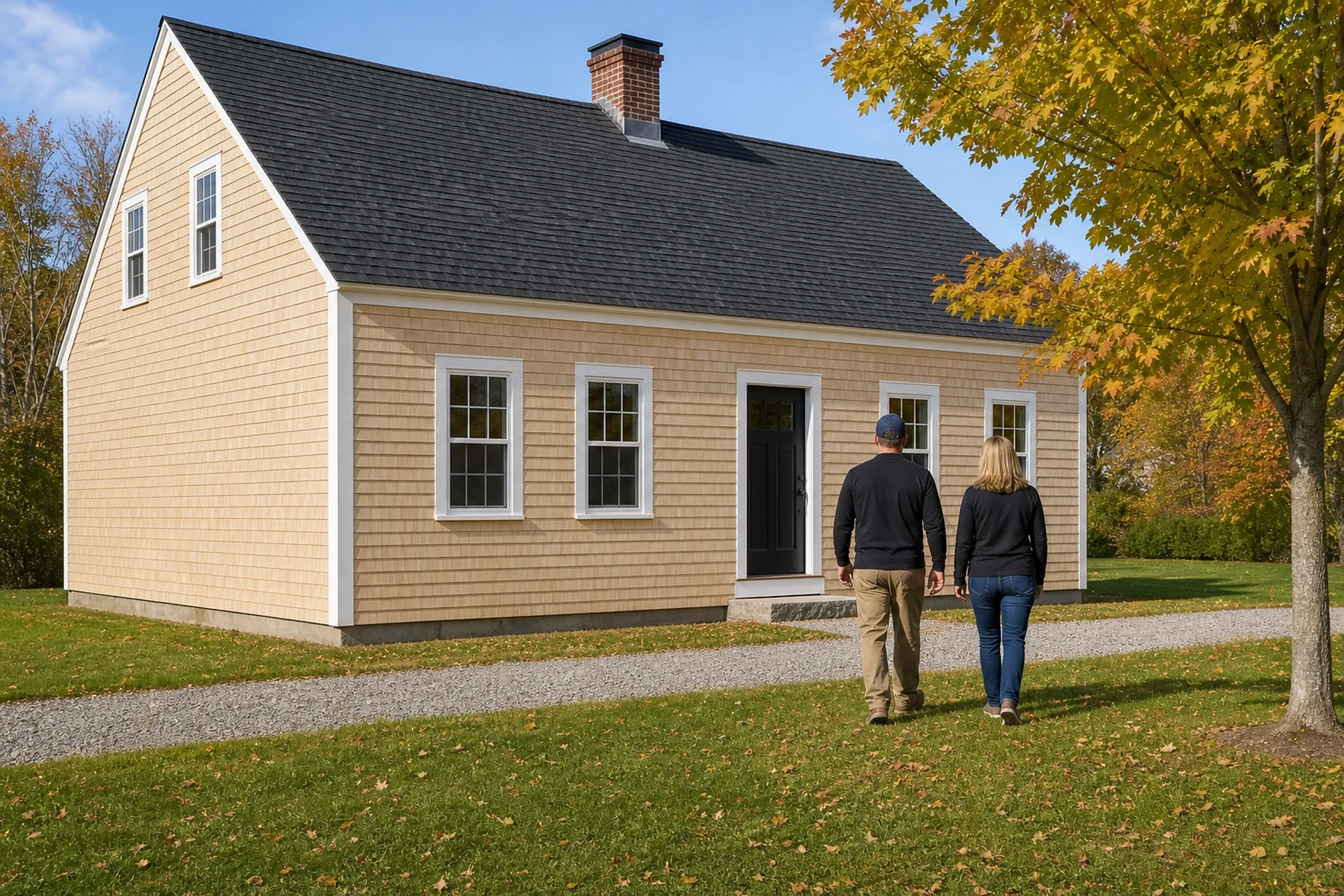 York Village cape final walkaround, new cedar shingles: In cool clear October morning light, two people, a siding installer and a homeowner, seen from behind, walk along a re-sided York Village cape finished in pale natural cedar shingles just beginning to silver, with white corner boards, white casings and a black front door.
