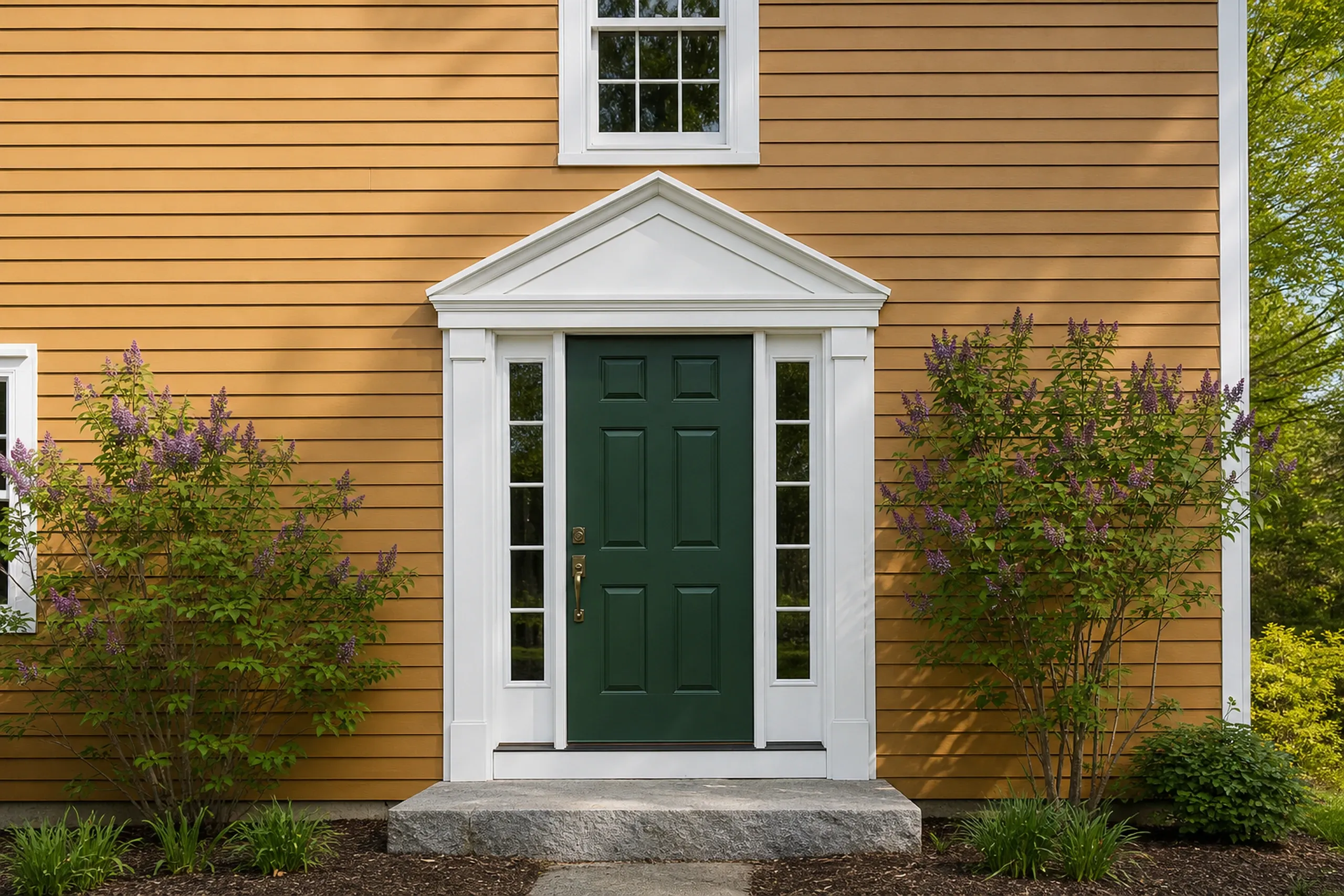 York Village colonial front entry, ochre LP lap: Tall vertical view of the front entry of a re-sided York Village colonial, a six-panel door in deep green with narrow sidelights and a simple pediment, a granite slab step and the wall around it in warm ochre LP lap siding with white trim, lilac in bud beside the step, clear late-spring morning light.