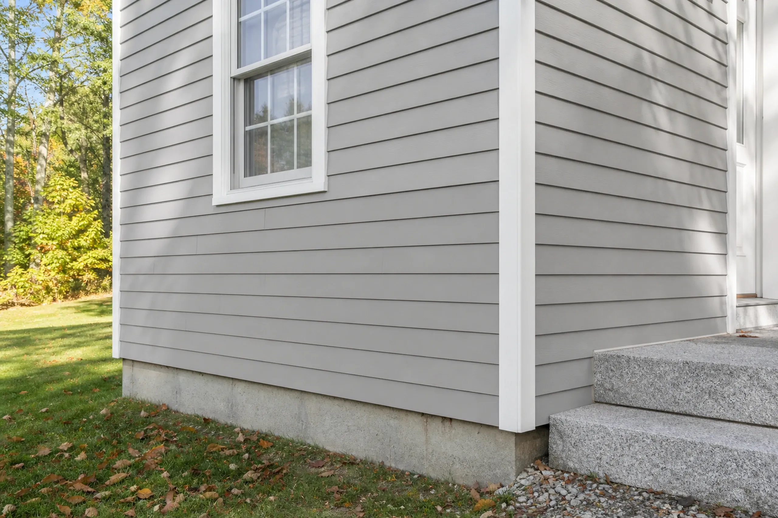 Siding repair in southern Maine: the lower corner of a gray vinyl-sided cape where a storm-damaged run of panels has just been replaced, the new panels matching the old wall's color and reveal, a granite step and fallen leaves on the lawn.