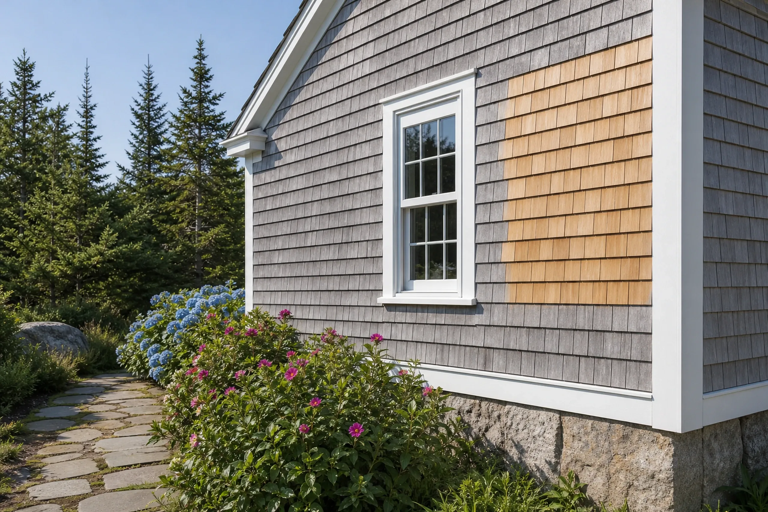 Cedar shingle repair on a southern Maine shingle-style cottage: fresh honey-colored cedar shingles set into older silver-gray shingles beside a white window casing, midsummer.