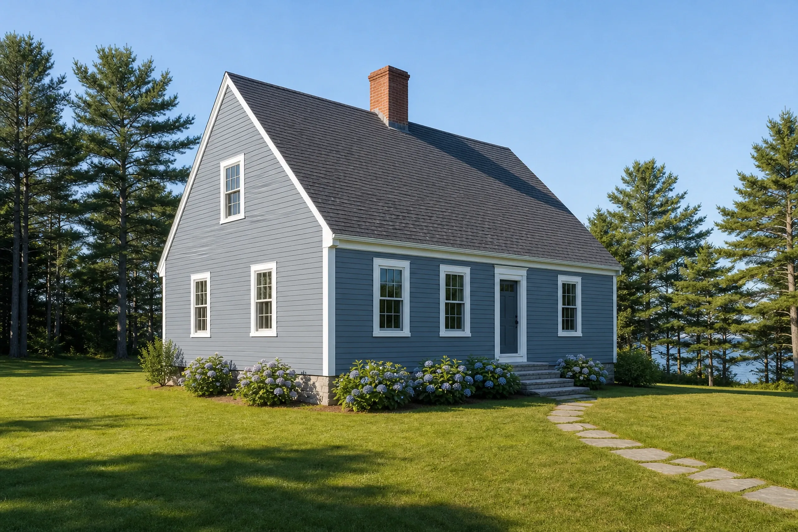 Southern Maine repaired siding house in summer: A southern Maine cape with its repaired corner re-sided in matching blue-gray vinyl that blends into the older wall, white corner posts and trim, a mown lawn, hydrangeas in bloom along the foundation and a stone path, bright summer afternoon.