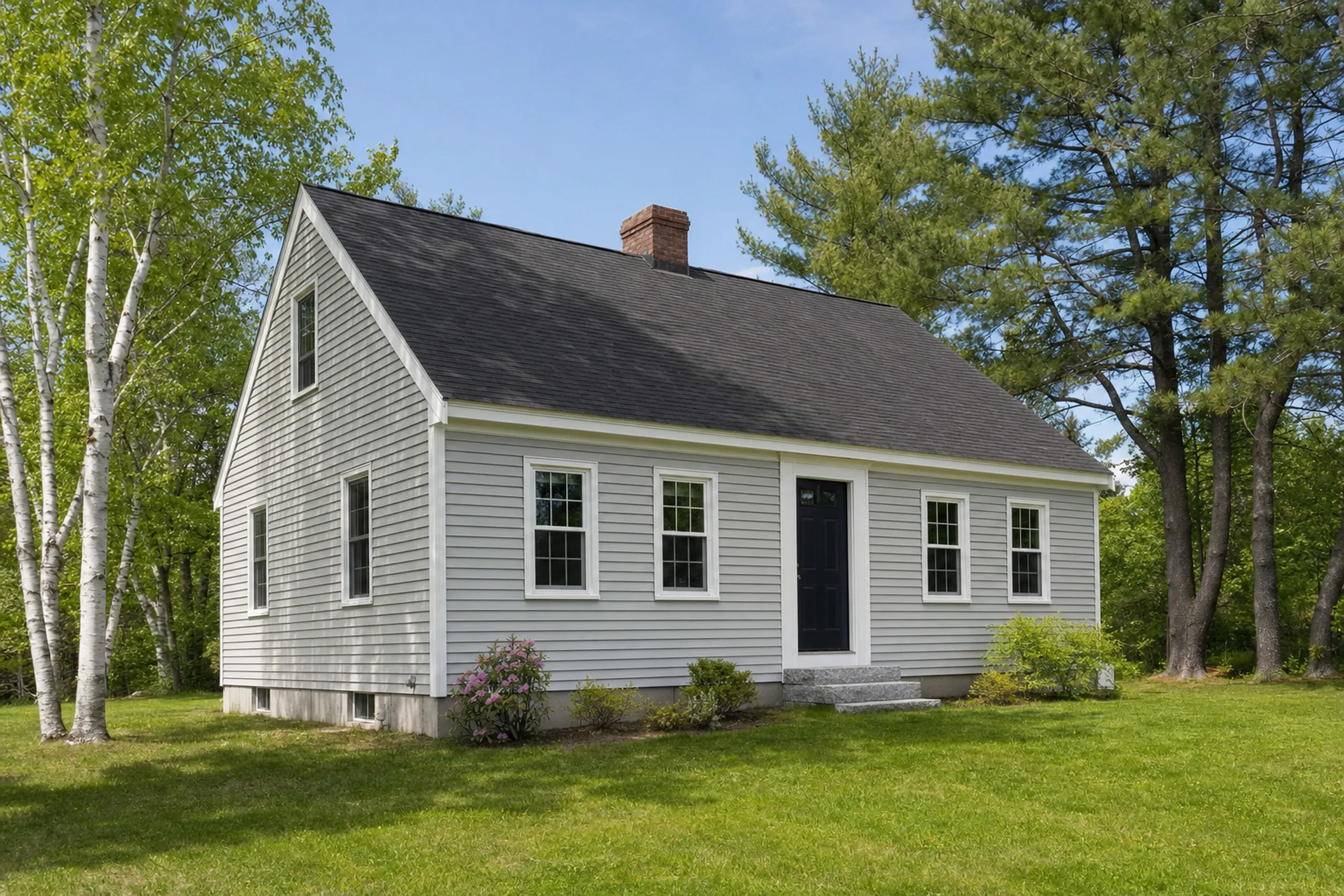 Siding repair on a southern Maine cape: three new light gray vinyl panels below a front window blending into the older gray vinyl wall, white corner posts and trim, late spring.